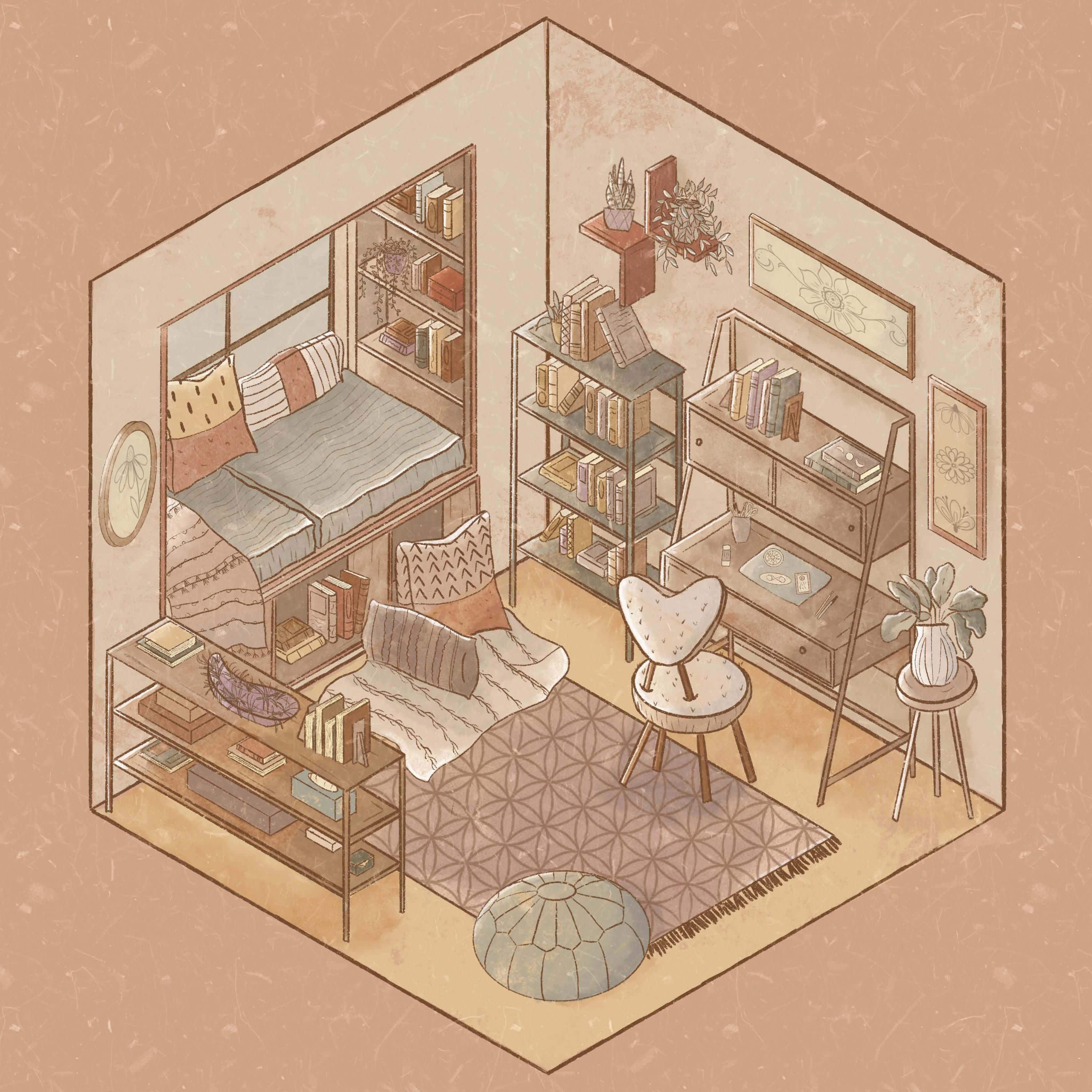 a room with a bed, sofa, and bookshelf — 3000x3000 wallpaper
