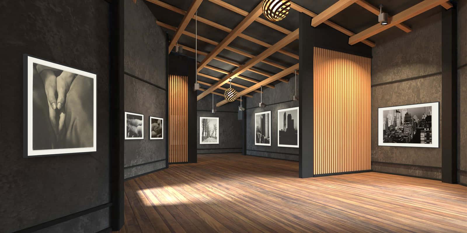 a room with black and white photographs — 1600x800 wallpaper