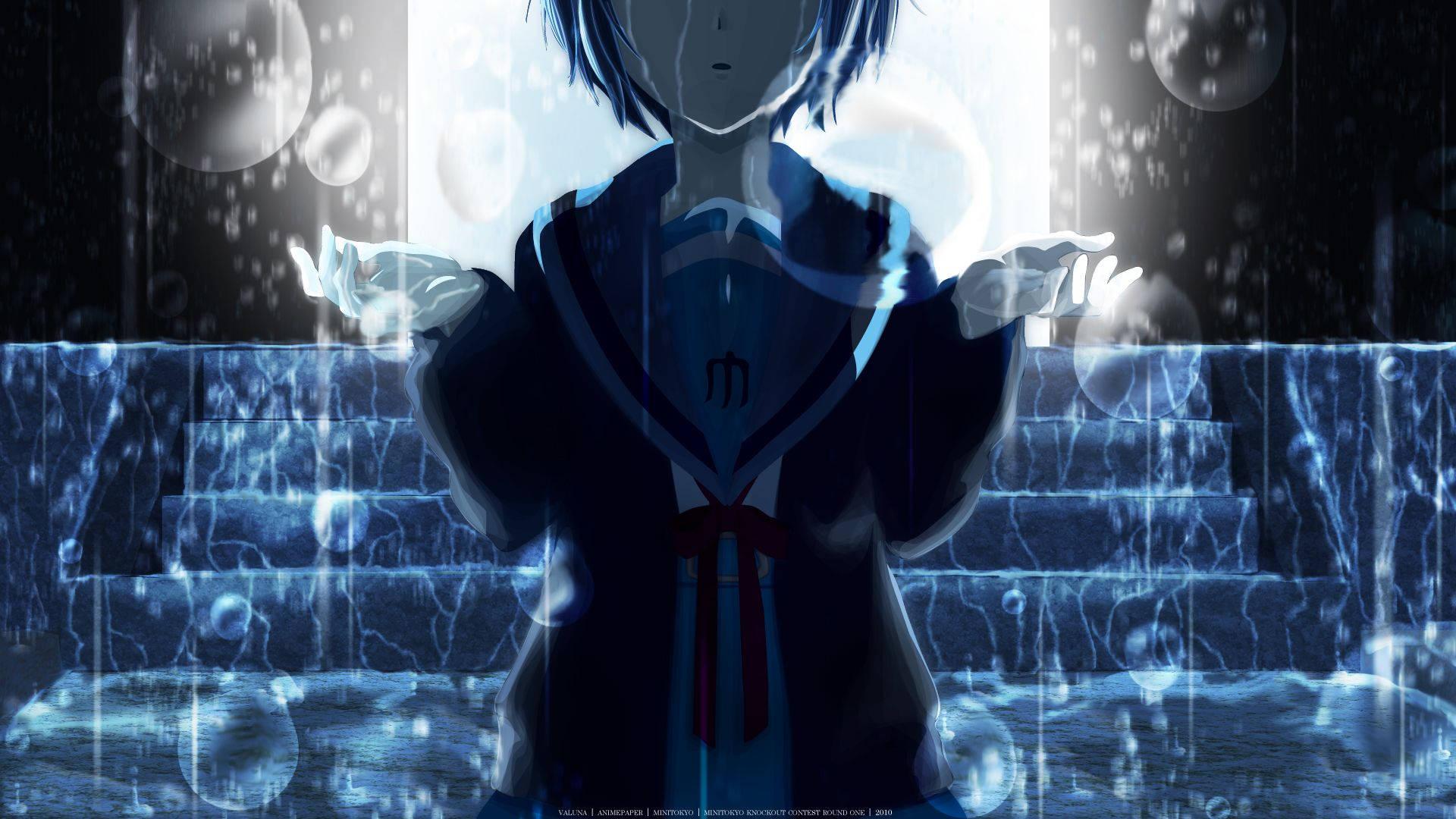 A sad anime girl draws strength from water — 1920x1080 wallpaper
