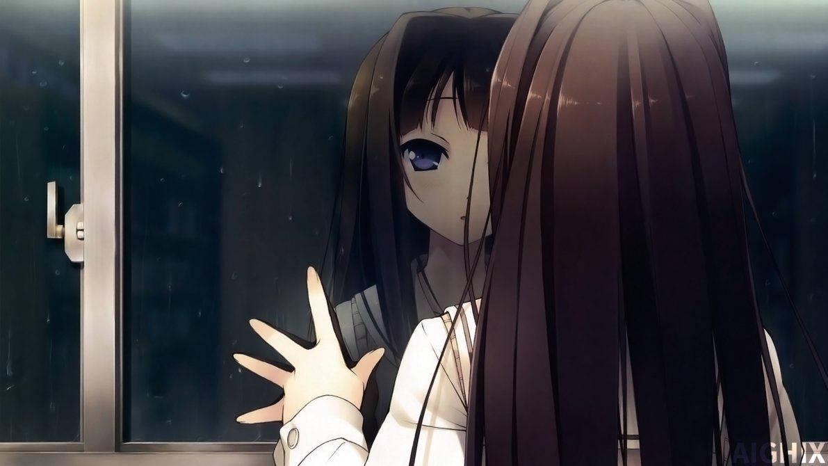 A Sad Anime Girl Looking At Her Lonely Reflection — 1191x670 wallpaper