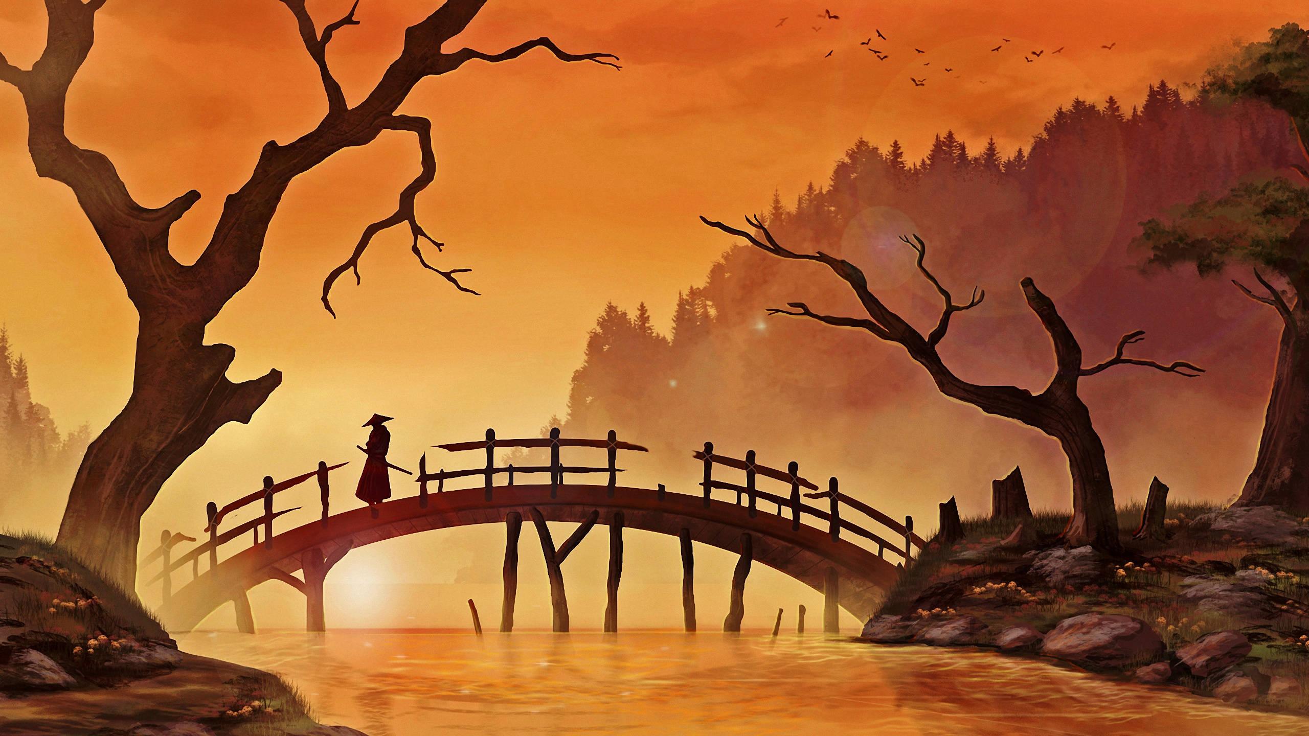 A Samurai Warrior Crossing a Bridge — 2560x1440 wallpaper