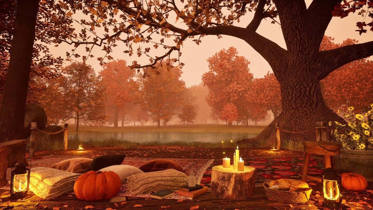 a scene with pumpkins and candles in the autumn — 1280x720 wallpaper