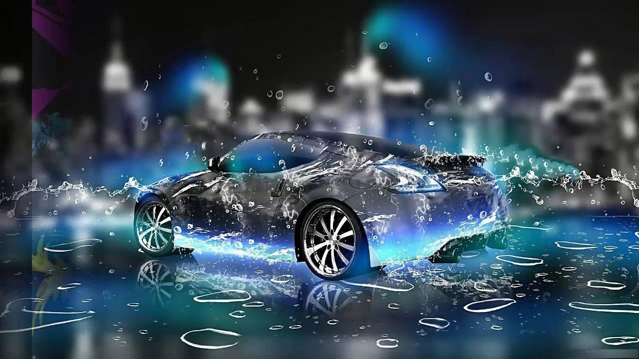 A shiny and fast 3D car driving through a futuristic blue liquid — 1280x720 wallpaper