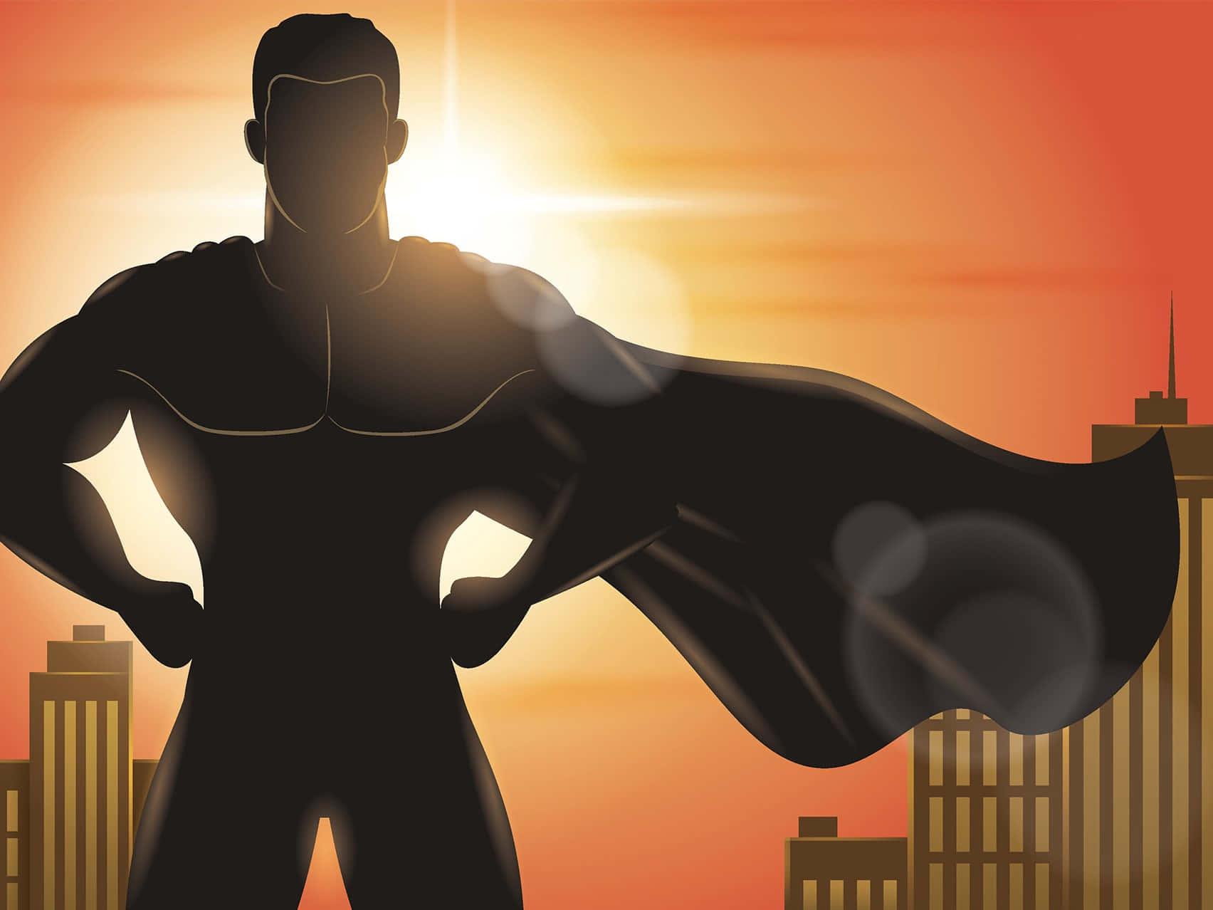 a silhouette of a superhero standing in front of a city — 1704x1278 wallpaper
