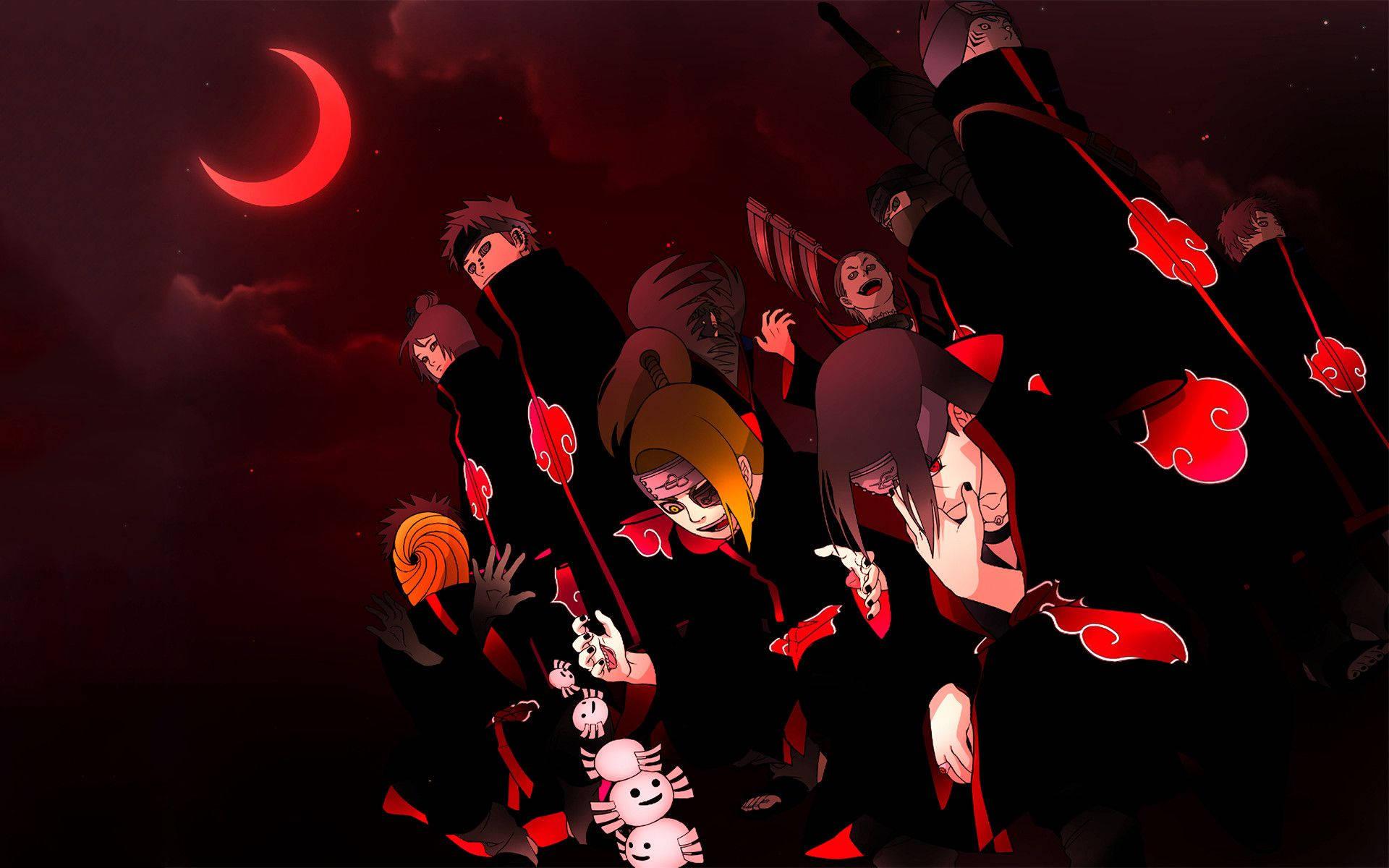 A silhouette of Akatsuki outlined in a red moon, standing vigilant against all adversaries — 1920x1200 wallpaper