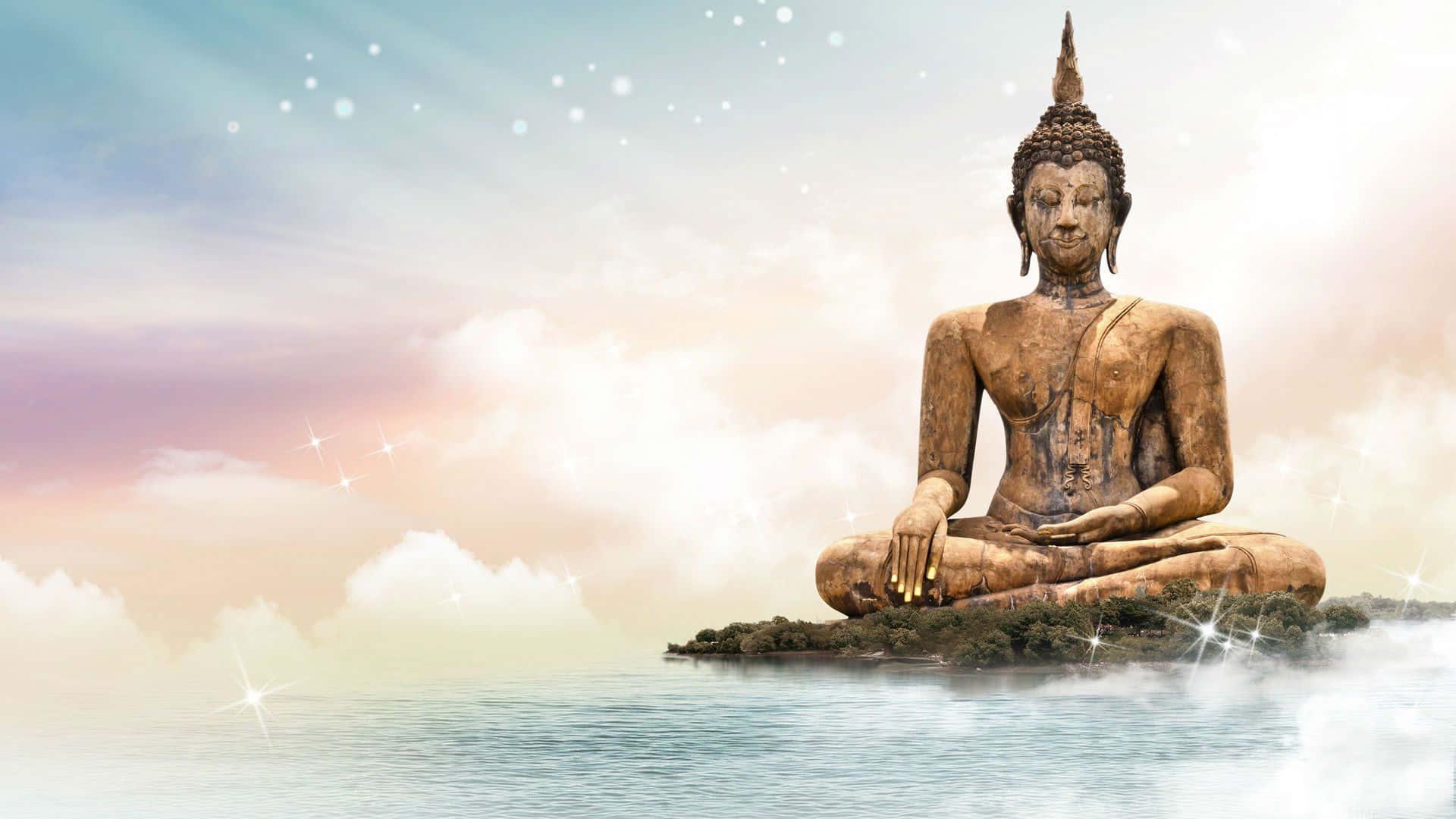 a statue of buddha sitting on an island in the water — 1920x1080 wallpaper