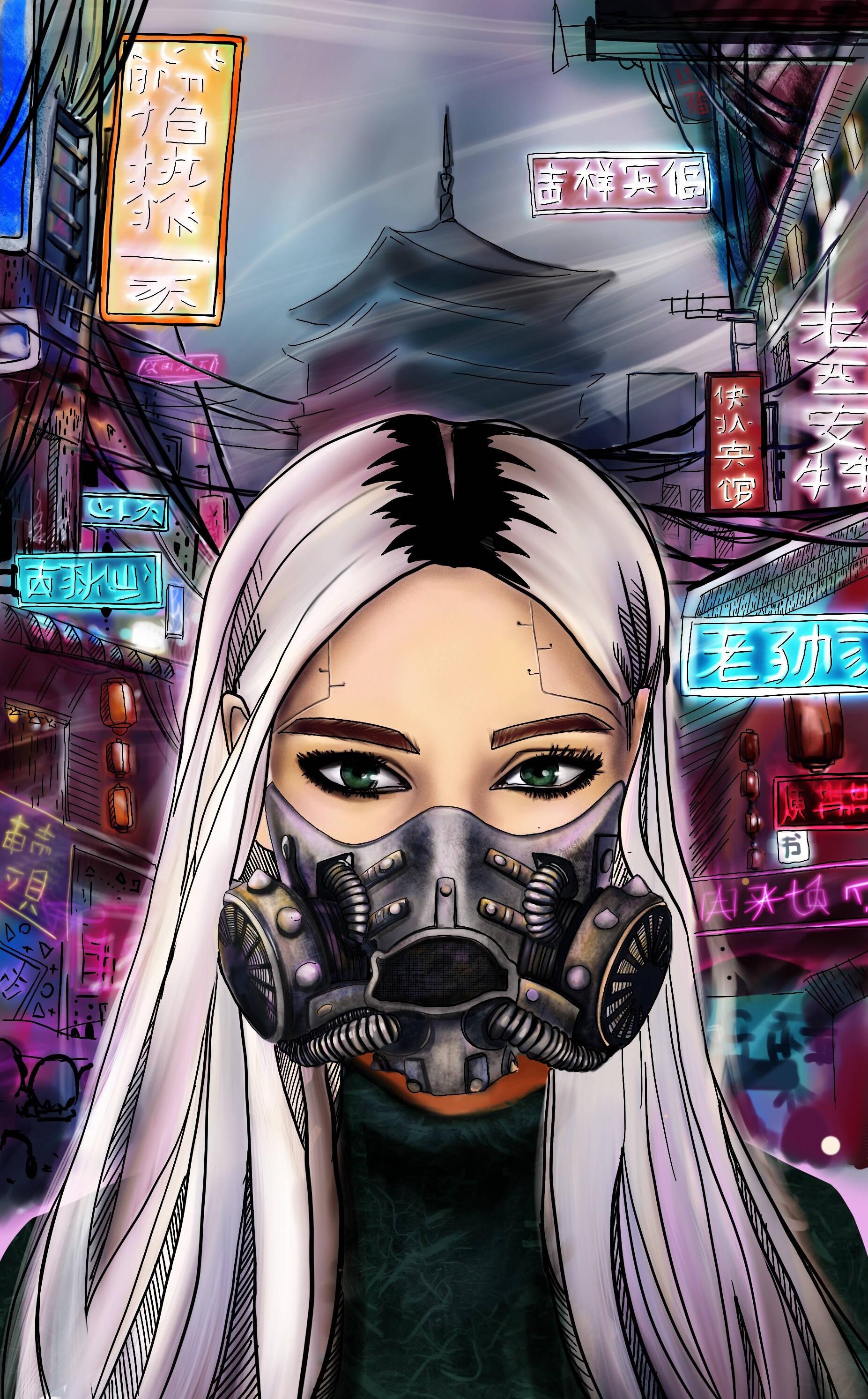 A stunning futuristic cyberpunk wearing a robotic mask — 1853x2986 wallpaper