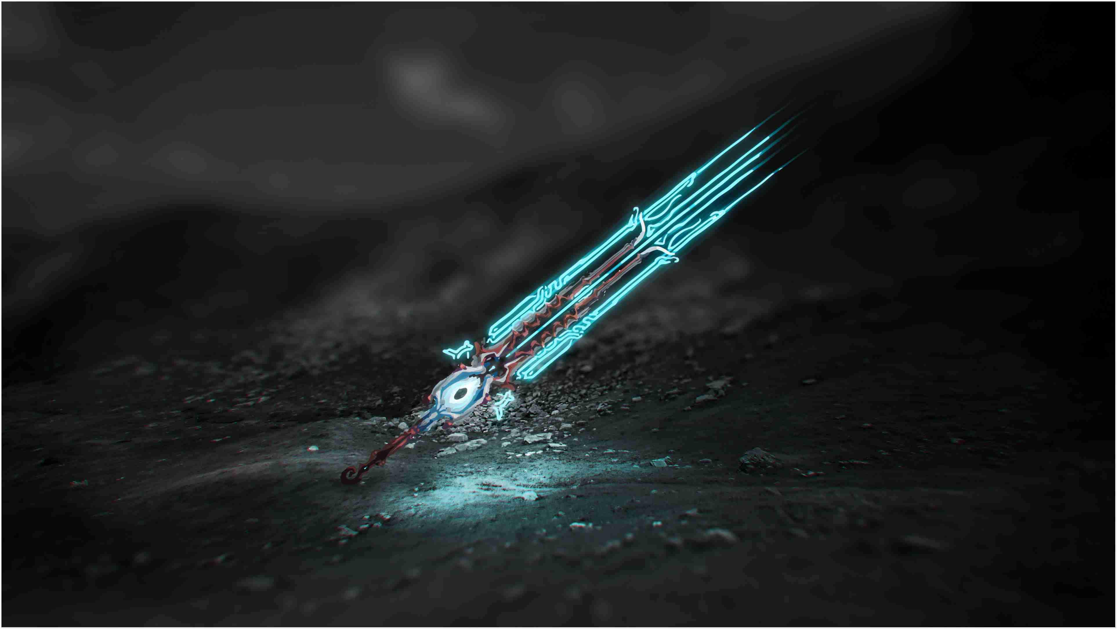 a sword with blue lights on it — 3851x2171 wallpaper