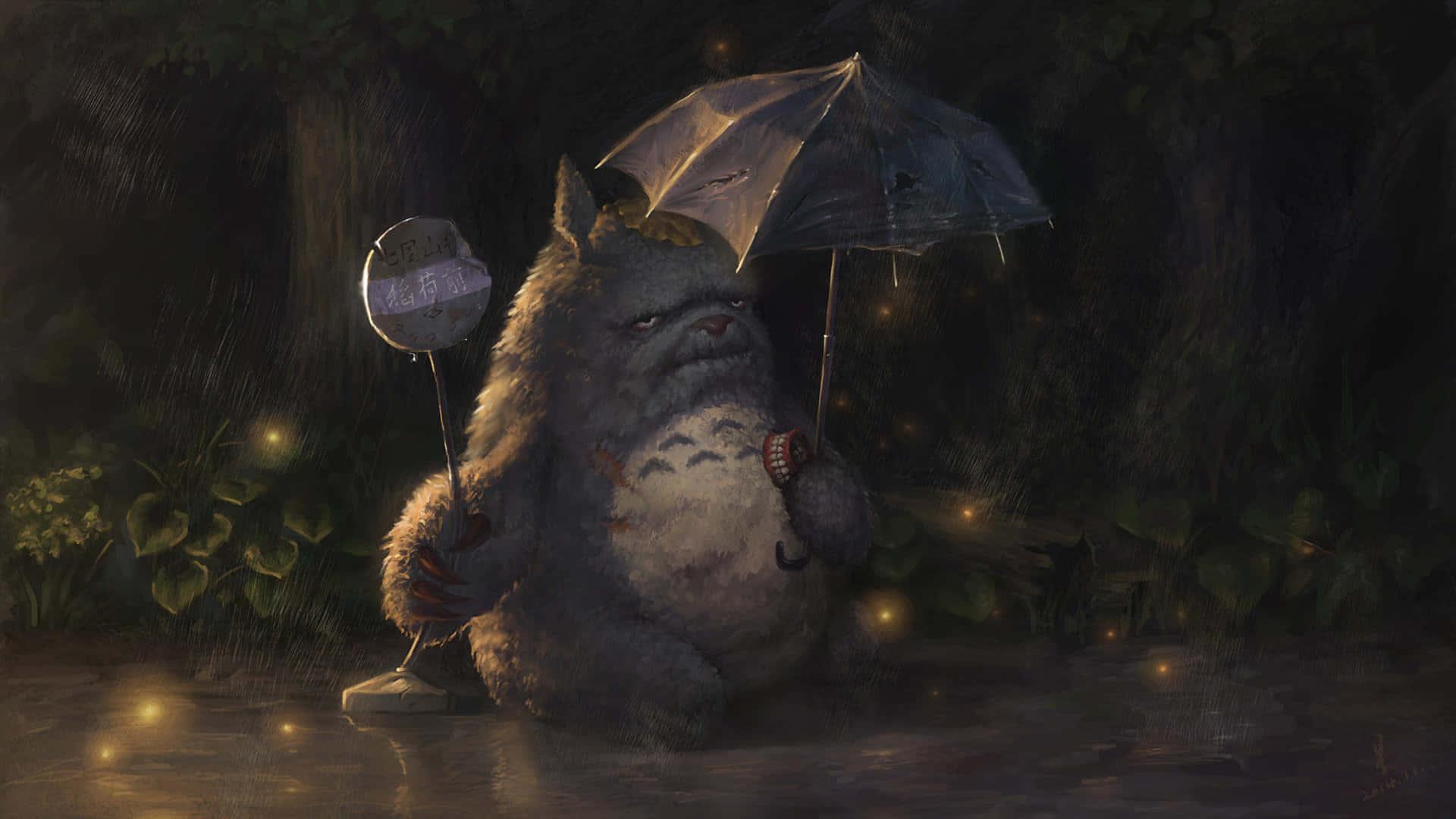 a totoro holding an umbrella in the rain — 1920x1080 wallpaper