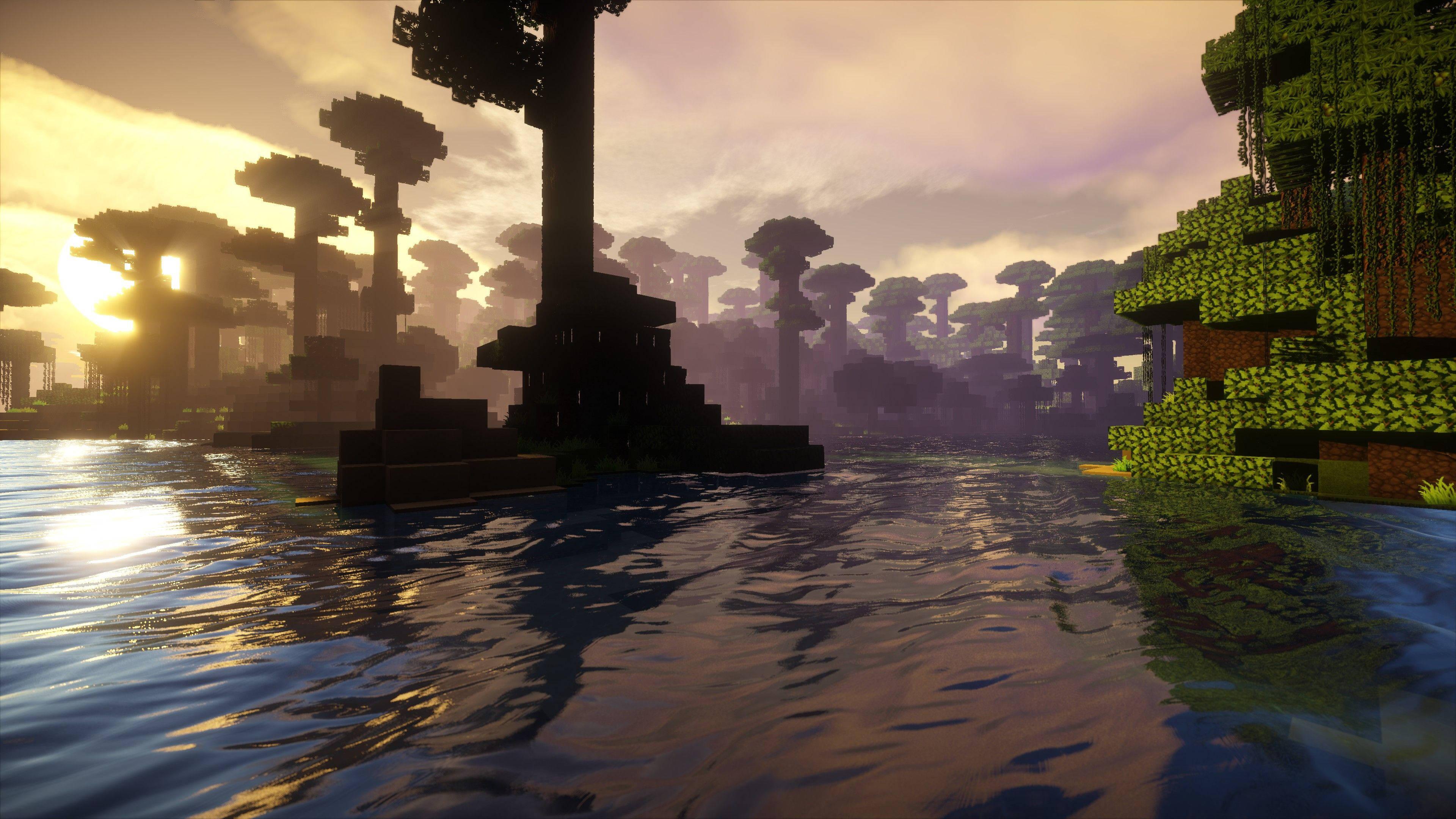 A tranquil evening in a sun-kissed Minecraft forest