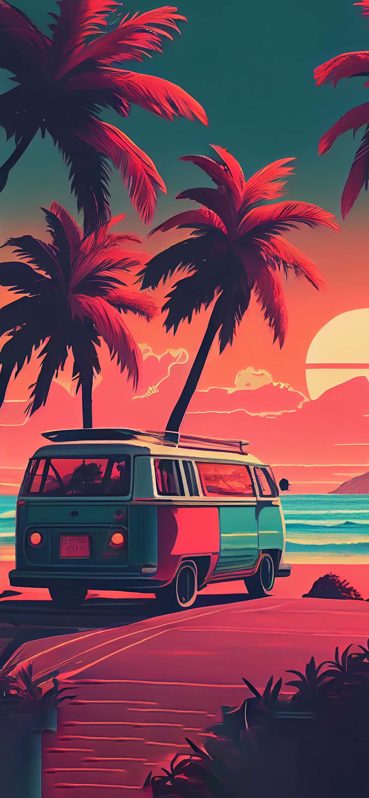 a van on the beach with palm trees — 1183x2560 wallpaper