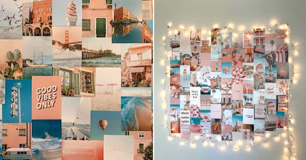 a wall with pictures and lights hanging on it — 1200x630 wallpaper