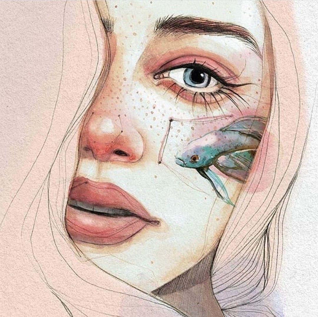 a watercolor painting of a girl with a fish on her face — 1080x1077 wallpaper