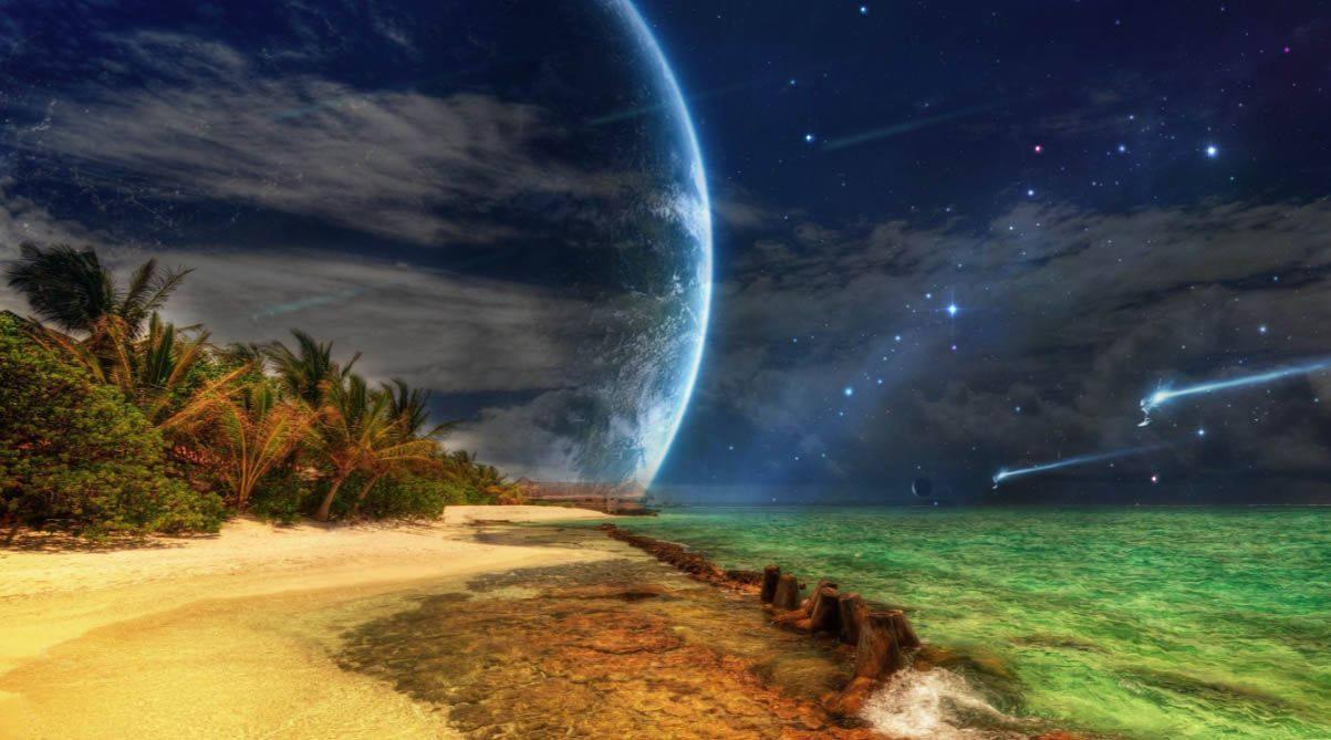 A wave of cosmic energy washes across this vibrant beach — 1203x669 wallpaper