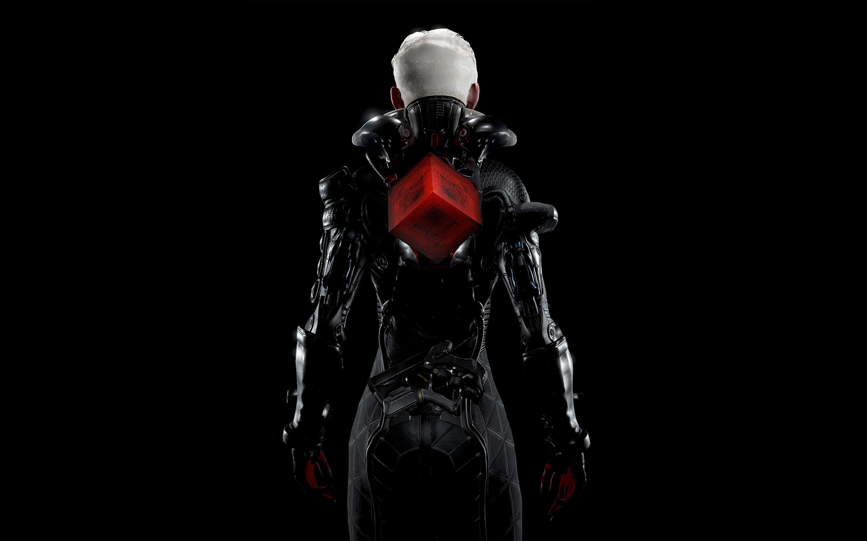 a woman in a black outfit with a red head — 2880x1800 wallpaper