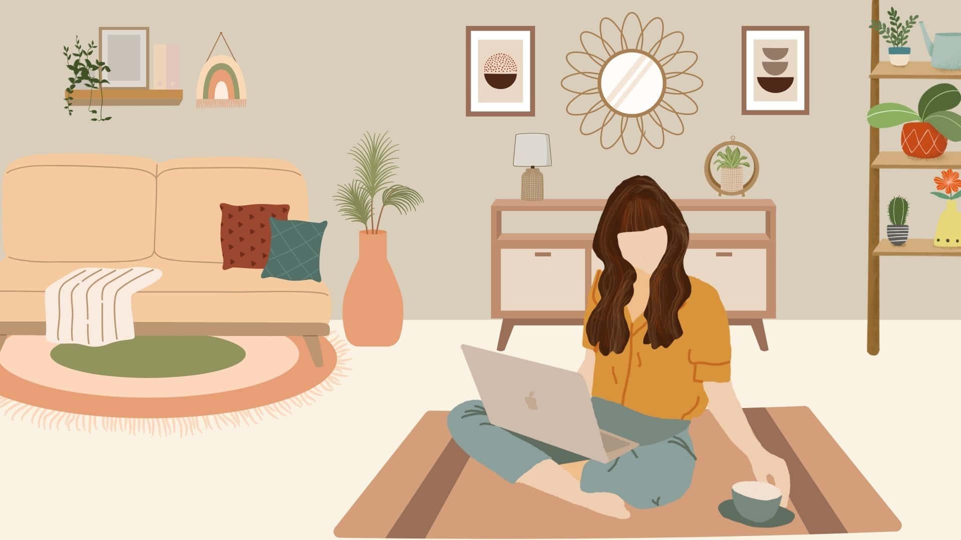a woman sitting on the floor with a laptop in her living room — 1920x1080 wallpaper