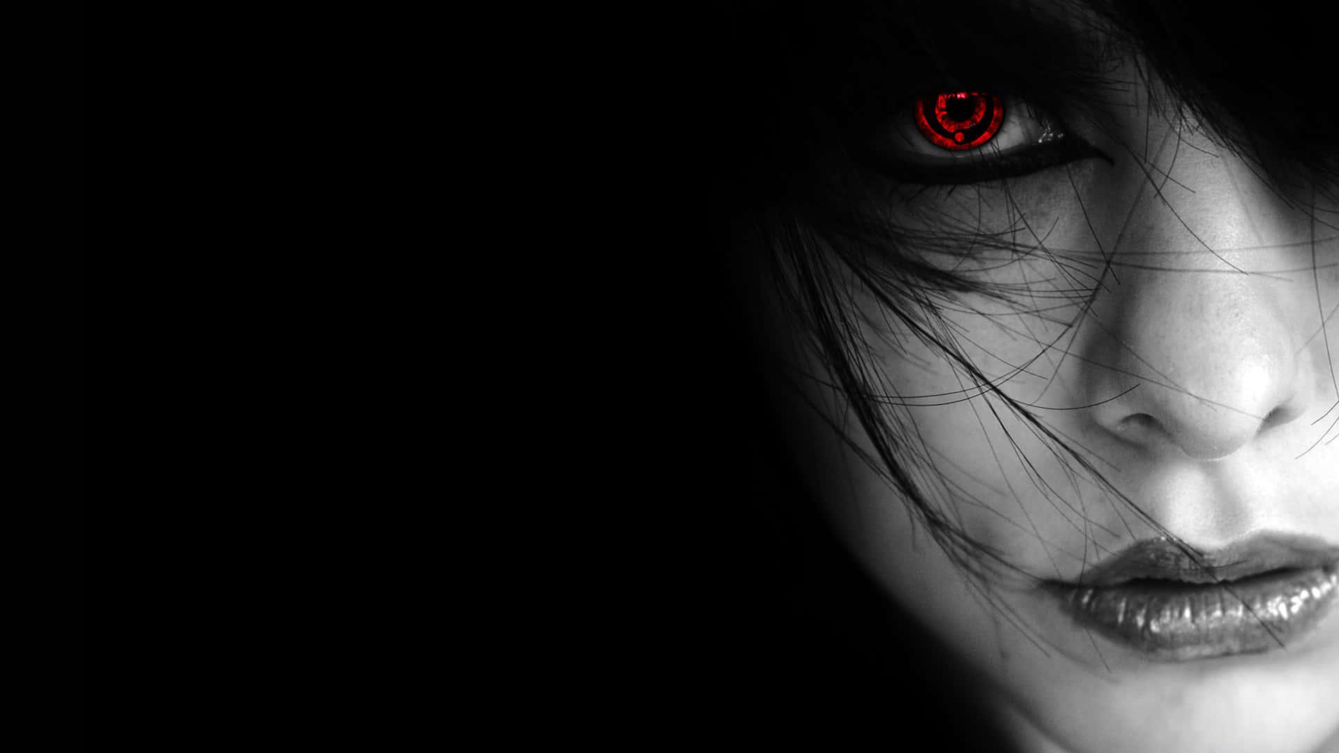 a woman with red eyes and black hair — 1920x1080 wallpaper
