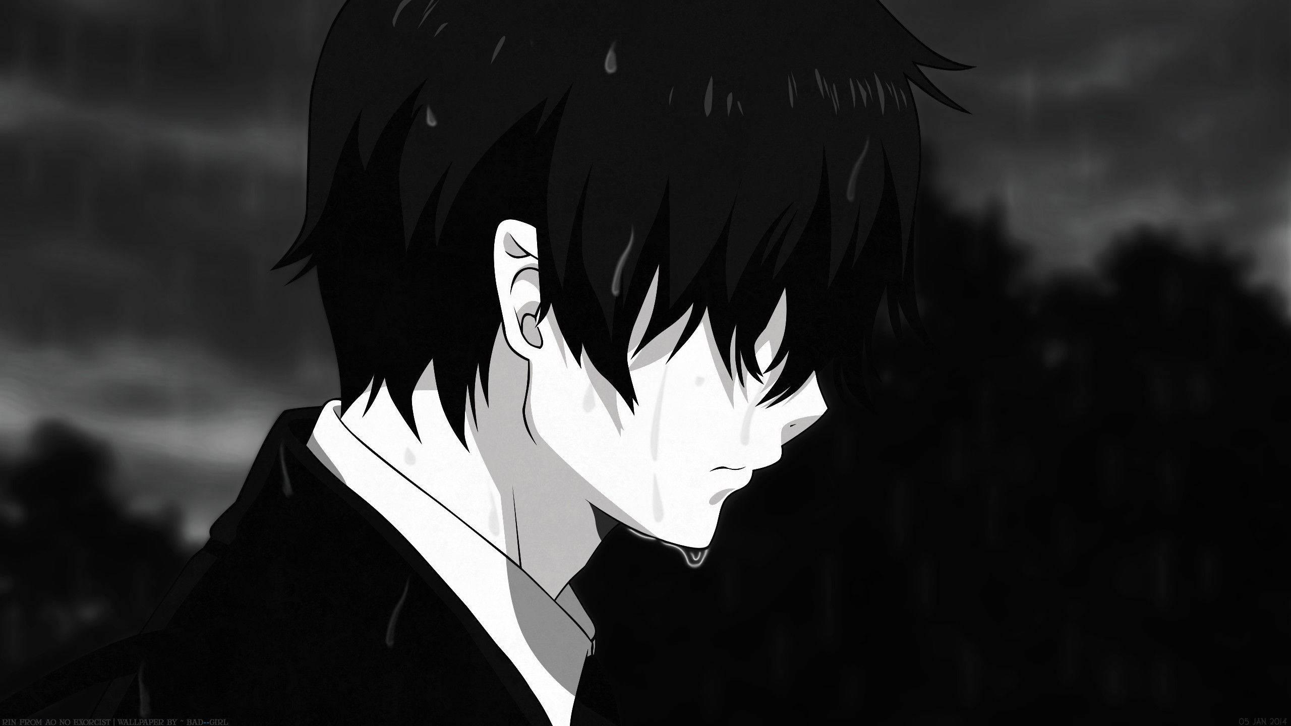 A young and lonely anime boy crying in the rain — 2560x1440 wallpaper