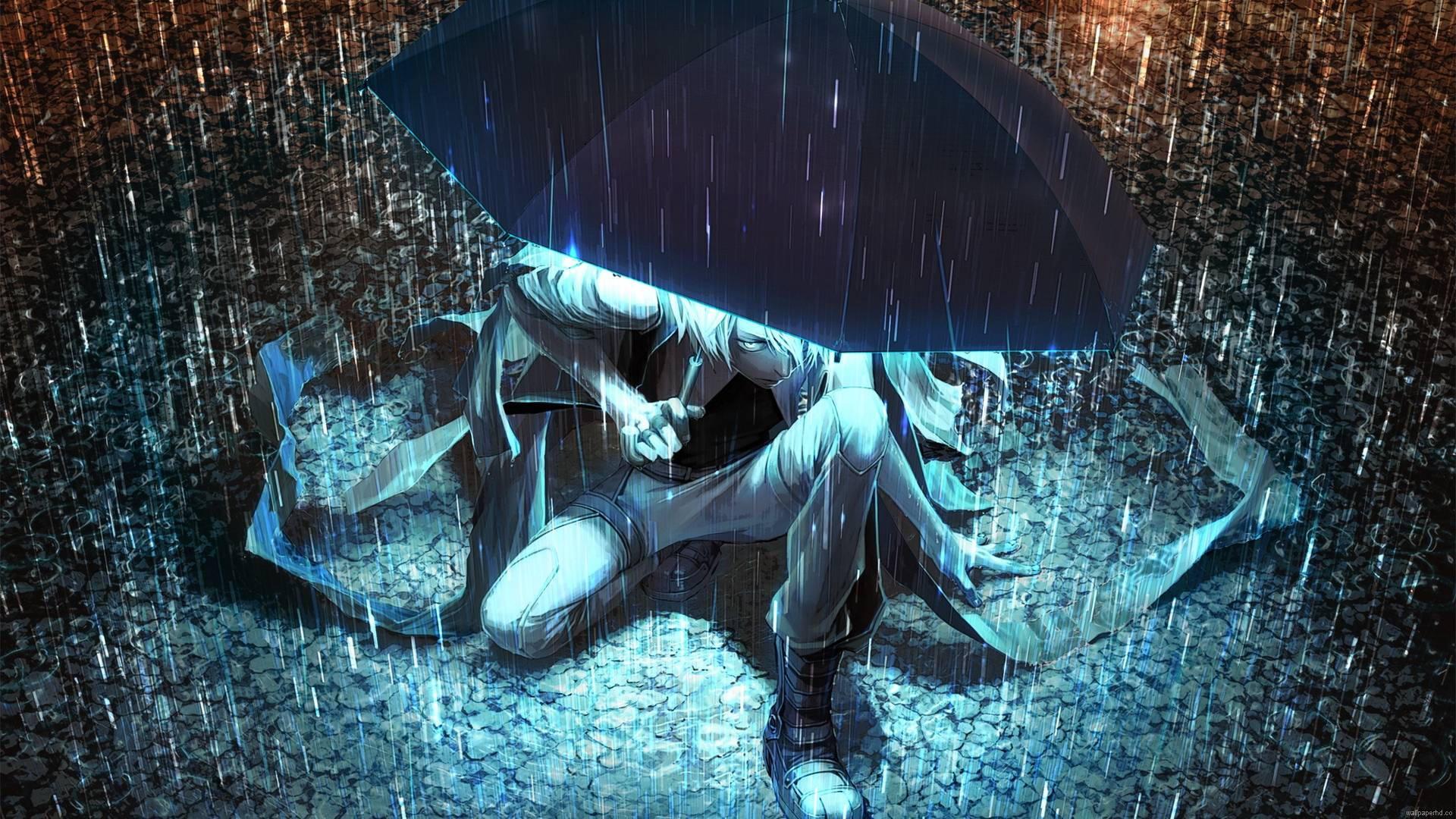 A young anime boy using an umbrella in the rain — 1920x1080 wallpaper