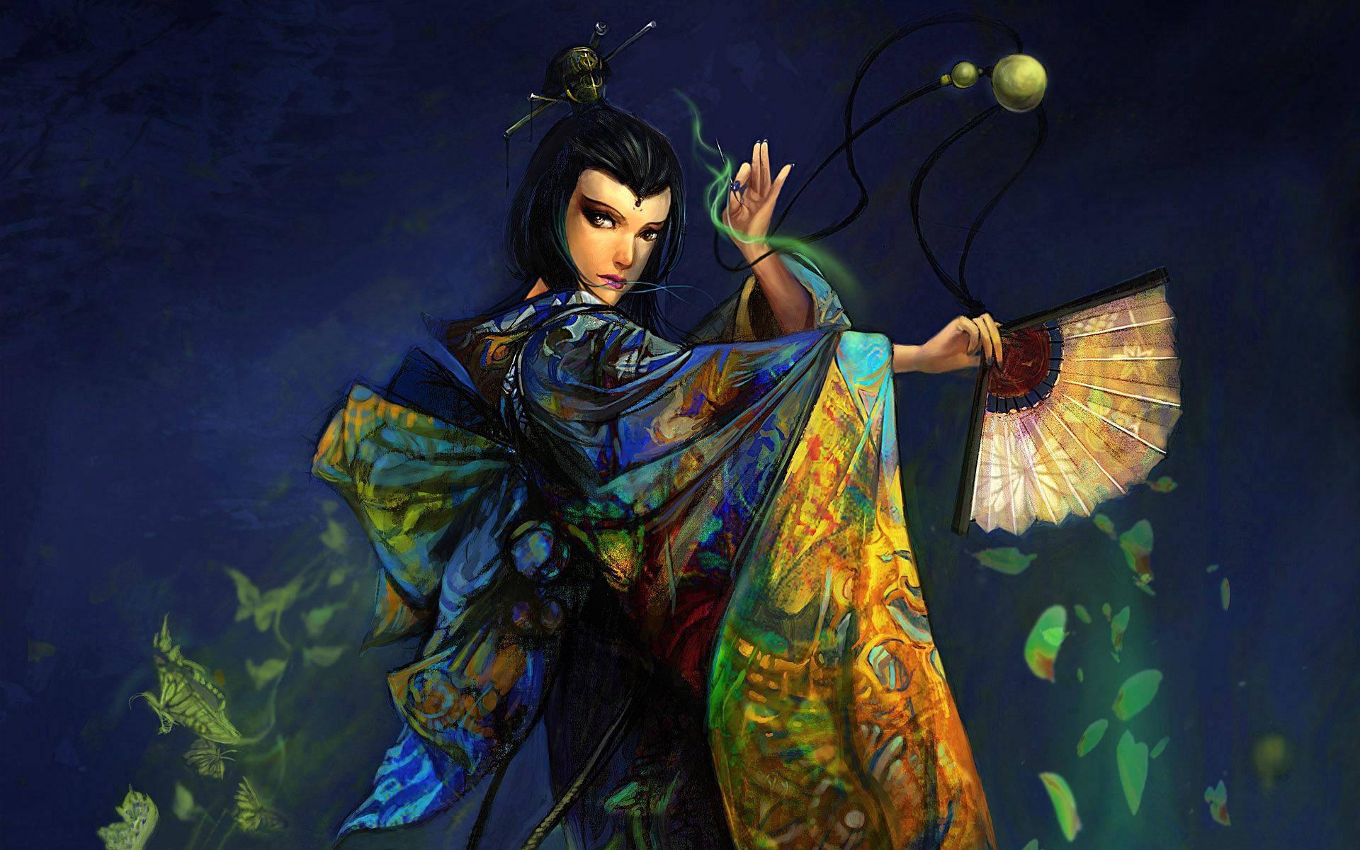 A young beautiful woman dances in a traditional Japanese kimono. — 1920x1200 wallpaper