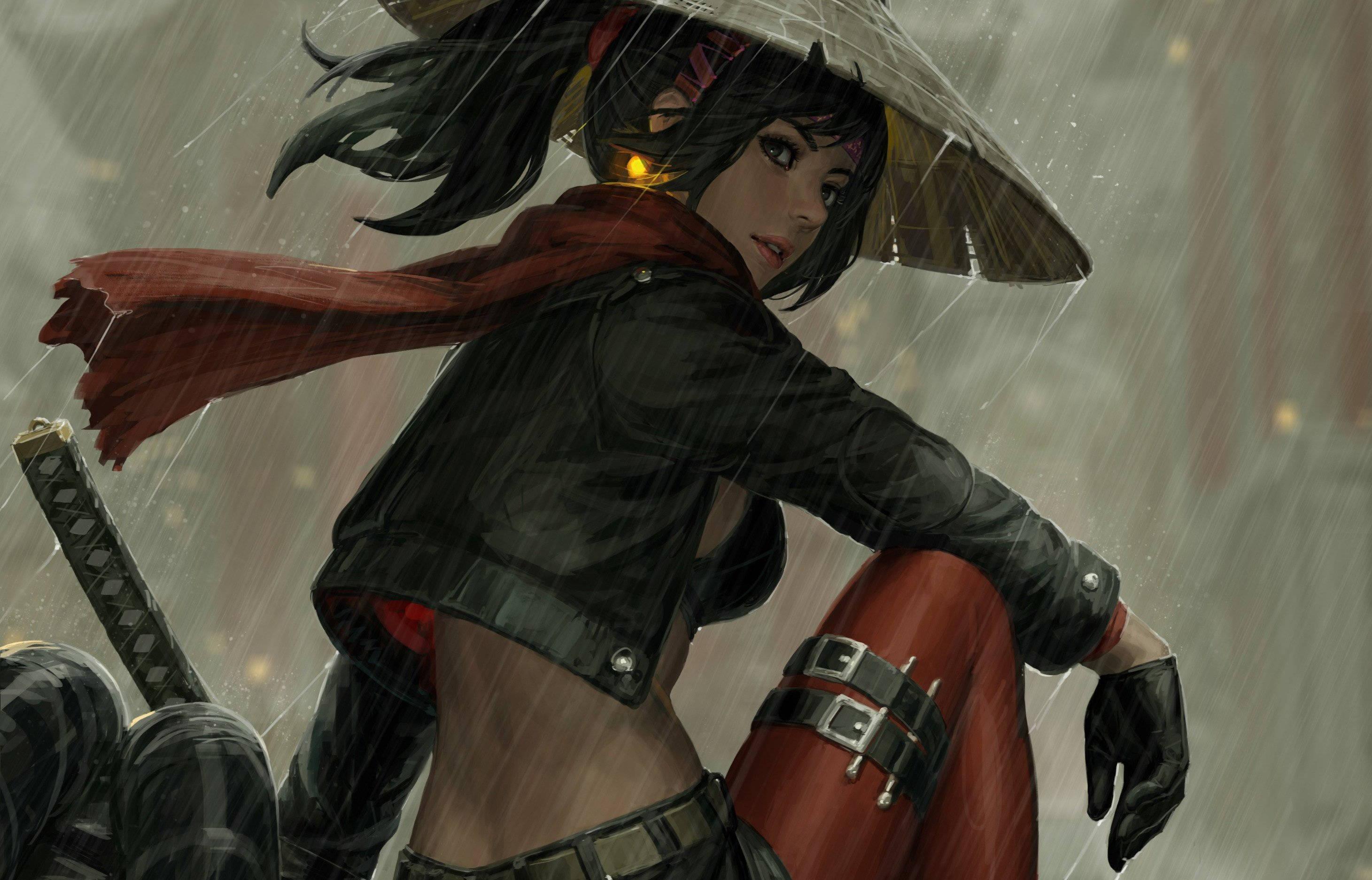 A young female samurai, trained in traditional Japanese martial arts, stands ready to fight. — 2921x1873 wallpaper