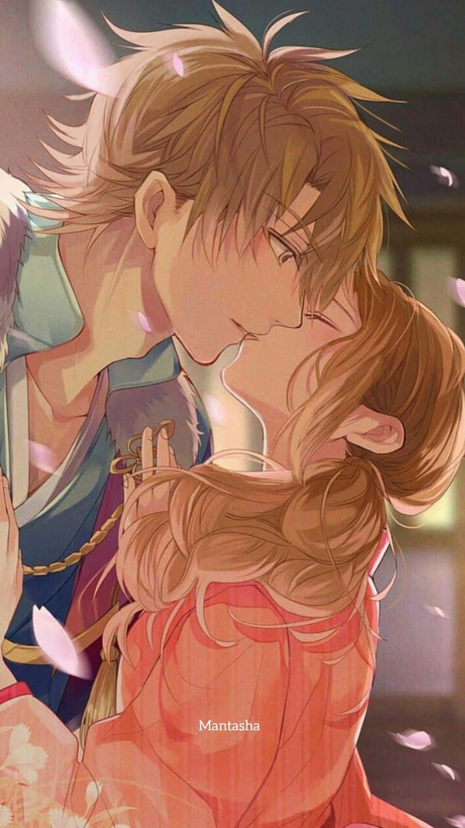 Adorable anime couple in a dreamy embrace — 960x1707 wallpaper