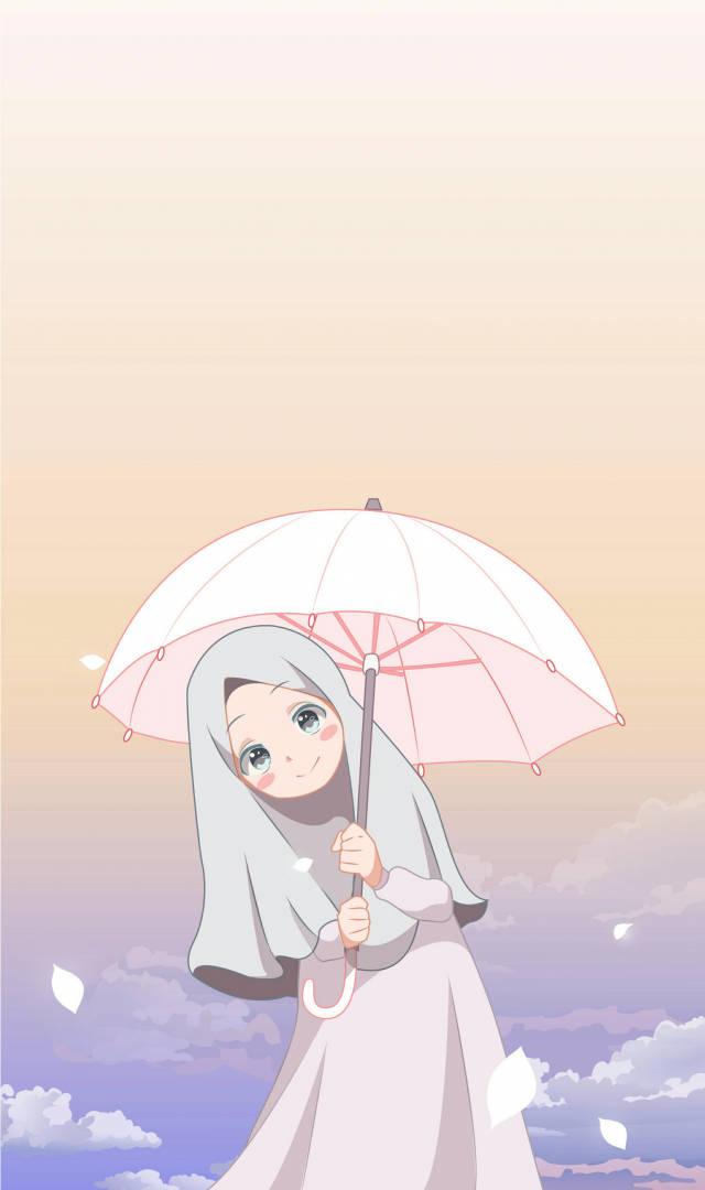 Adorable Cartoon Girl in Hijab with Umbrella — 640x1080 wallpaper