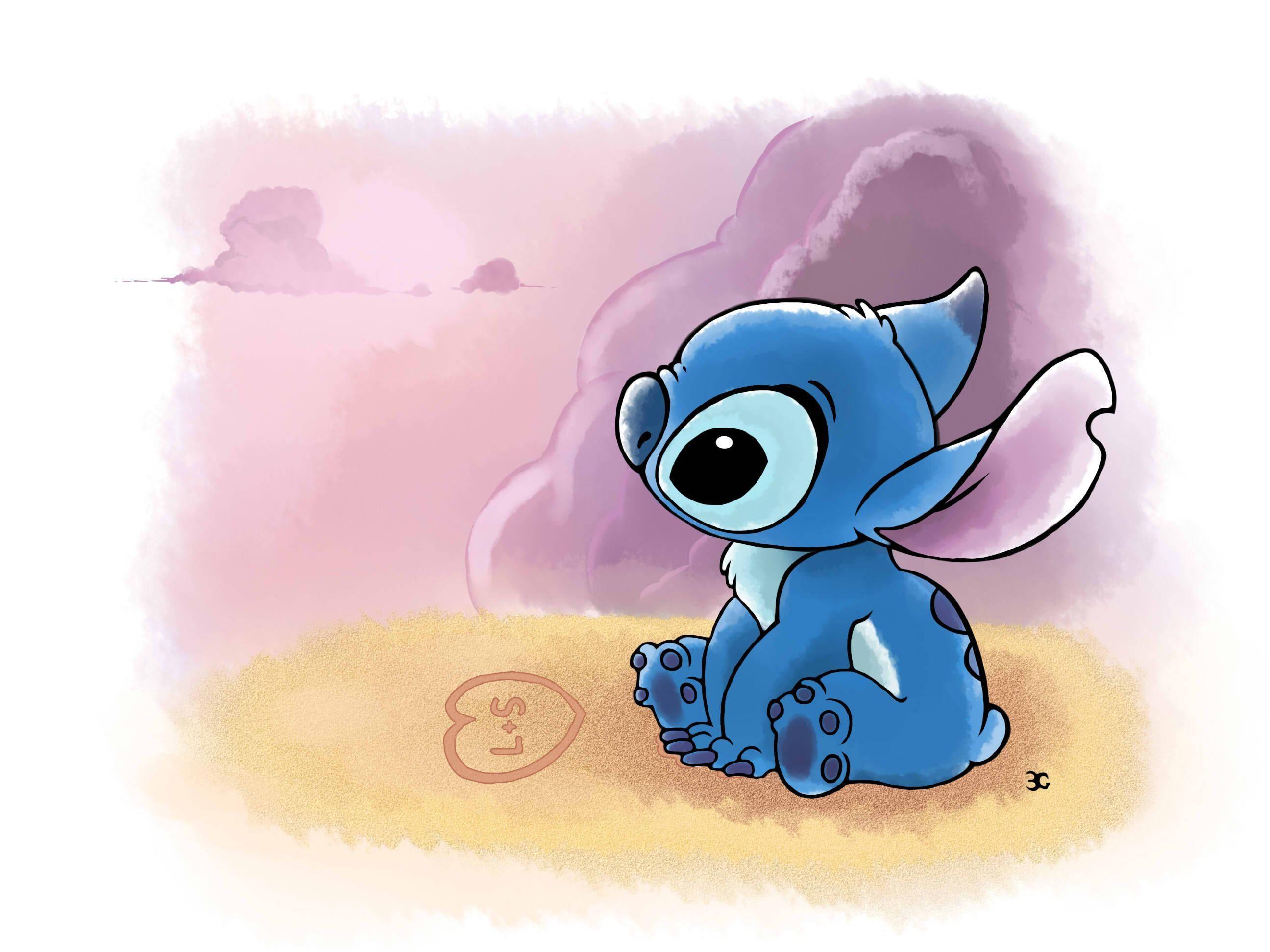 "Adorable Stitch Sitting Softly on a Pink Background"