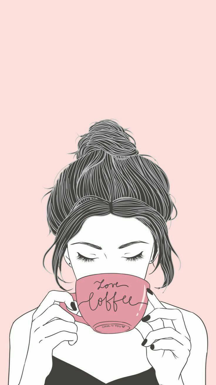 Aesthetic Drawing Girl Drinking Coffee — 736x1309 wallpaper