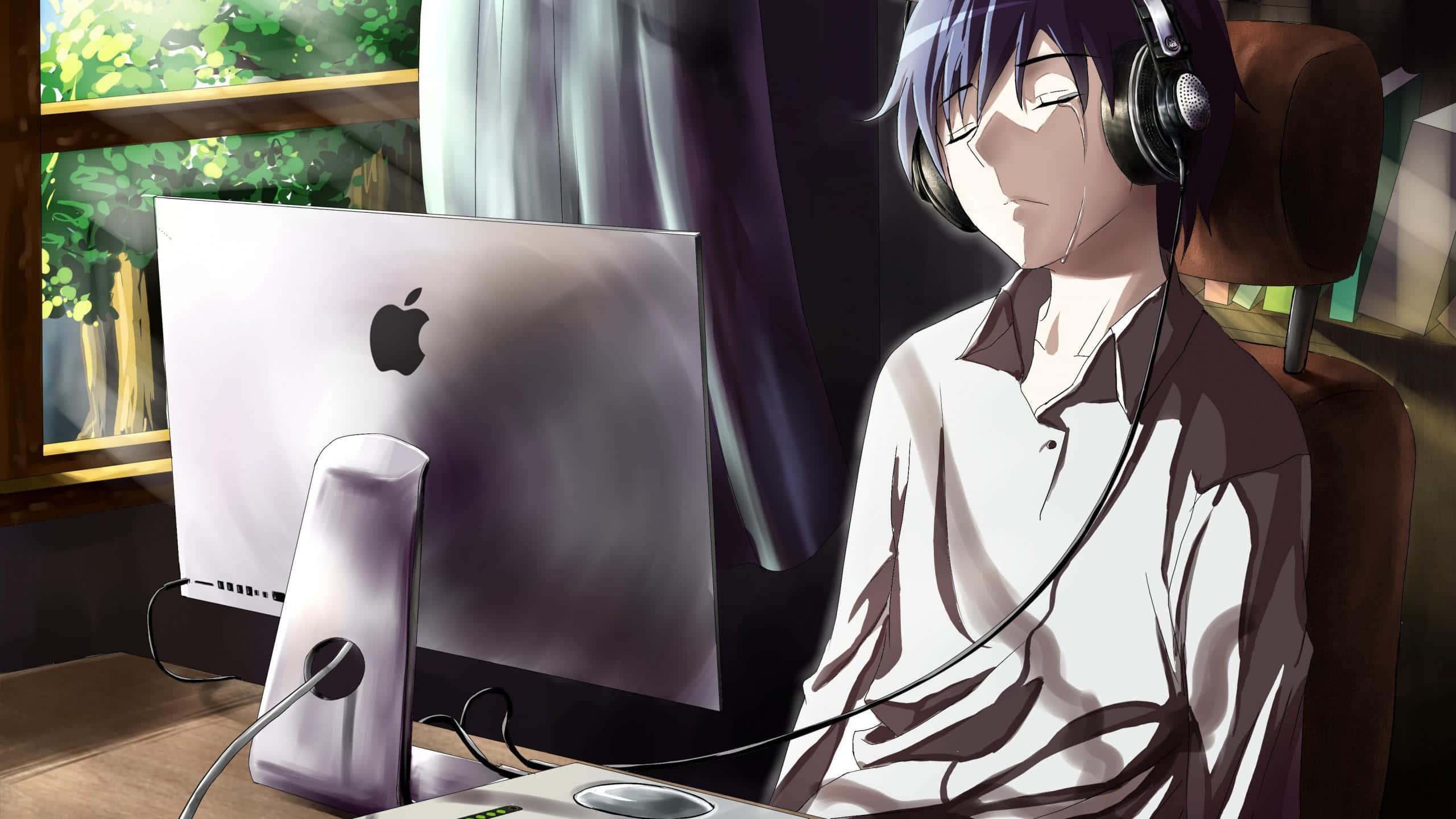 Alone Boy Anime Crying With Headphones Picture — 2560x1440 wallpaper