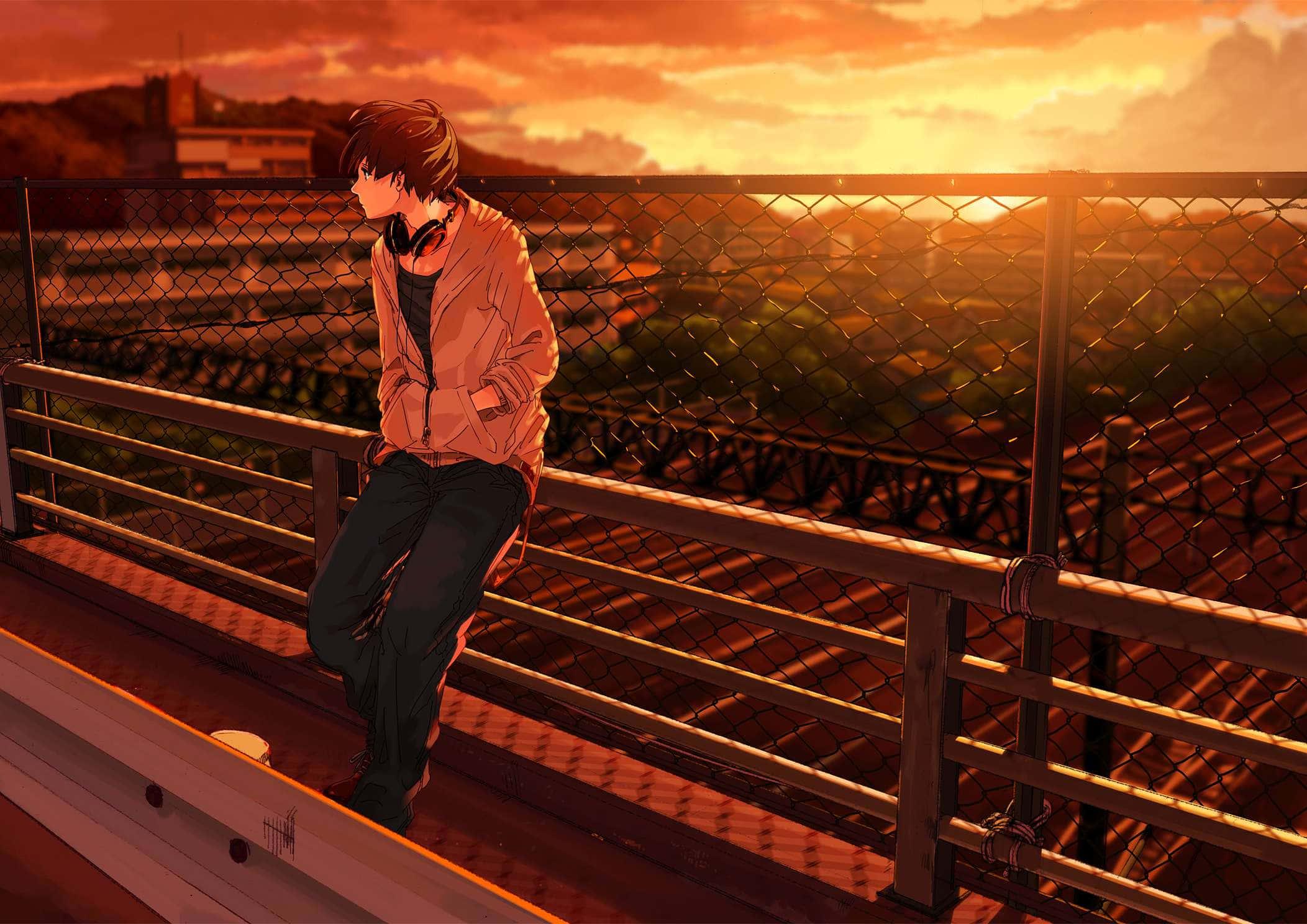 Alone Boy Anime On Bridge Picture — 2104x1488 wallpaper
