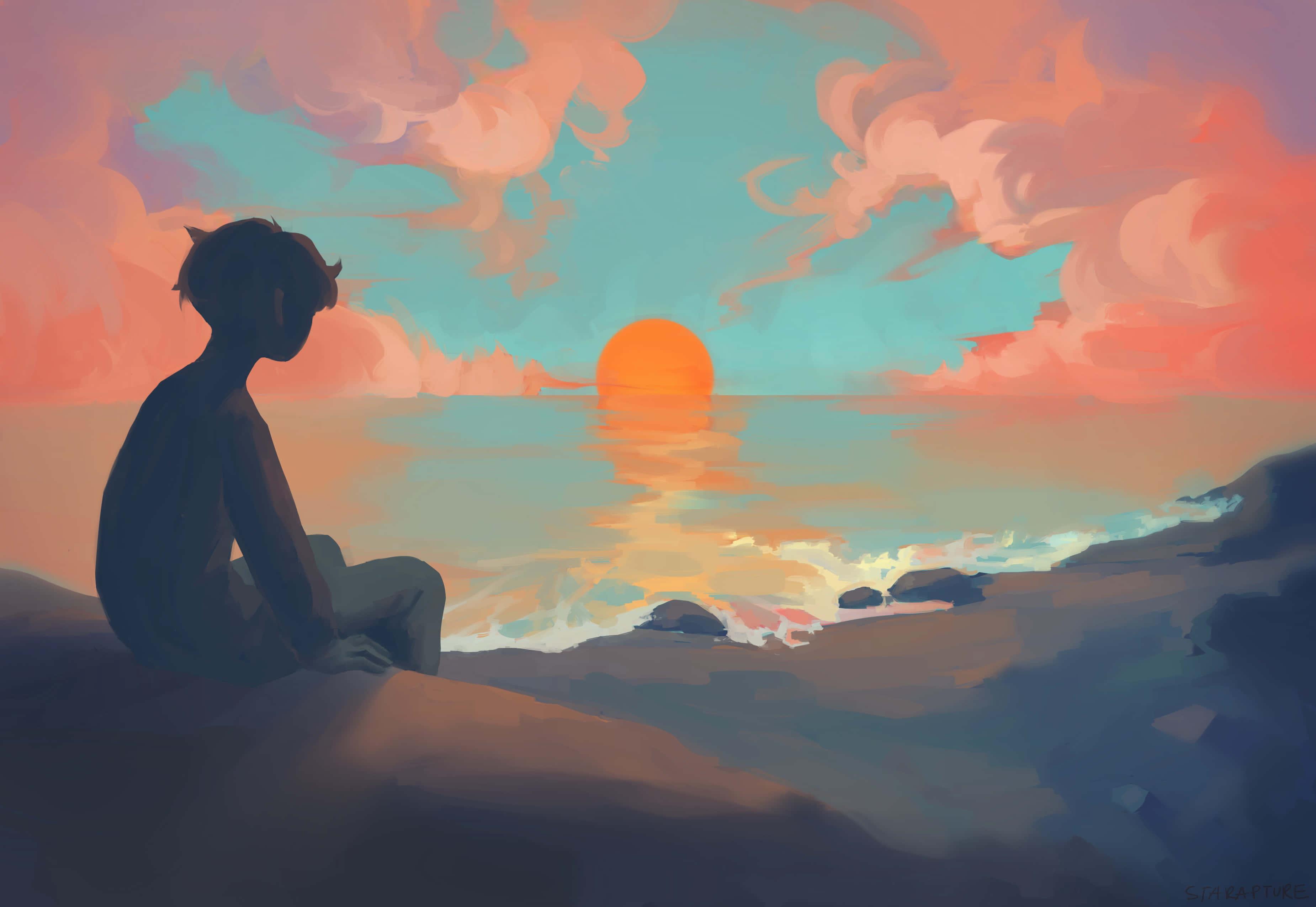Alone Boy Anime Sitting Painted Picture — 3700x2550 wallpaper