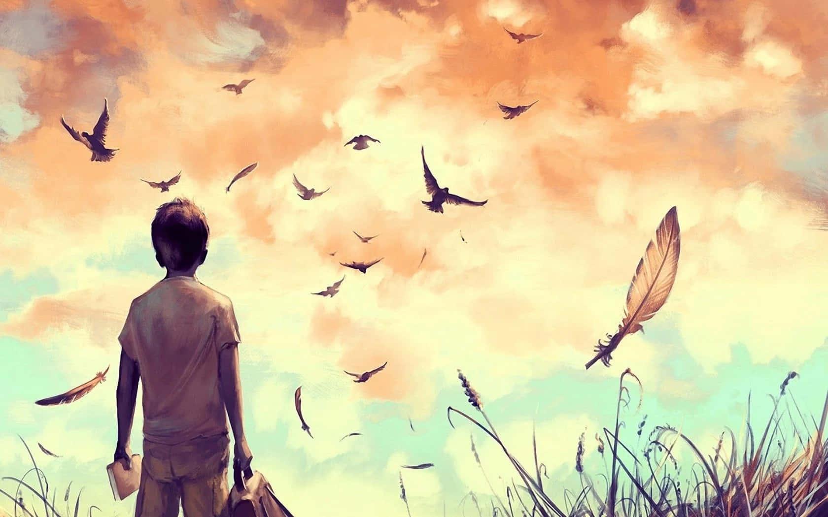 Alone Boy Holding Bag Painted Picture — 1680x1050 wallpaper