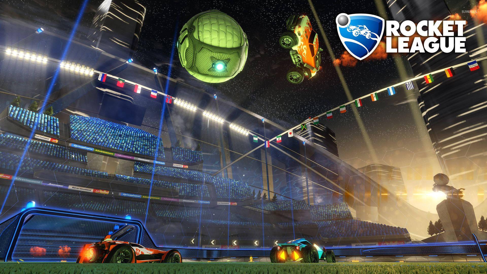 An aerial view of the colorful Fantastic Stadium in Rocket League — 1920x1080 wallpaper