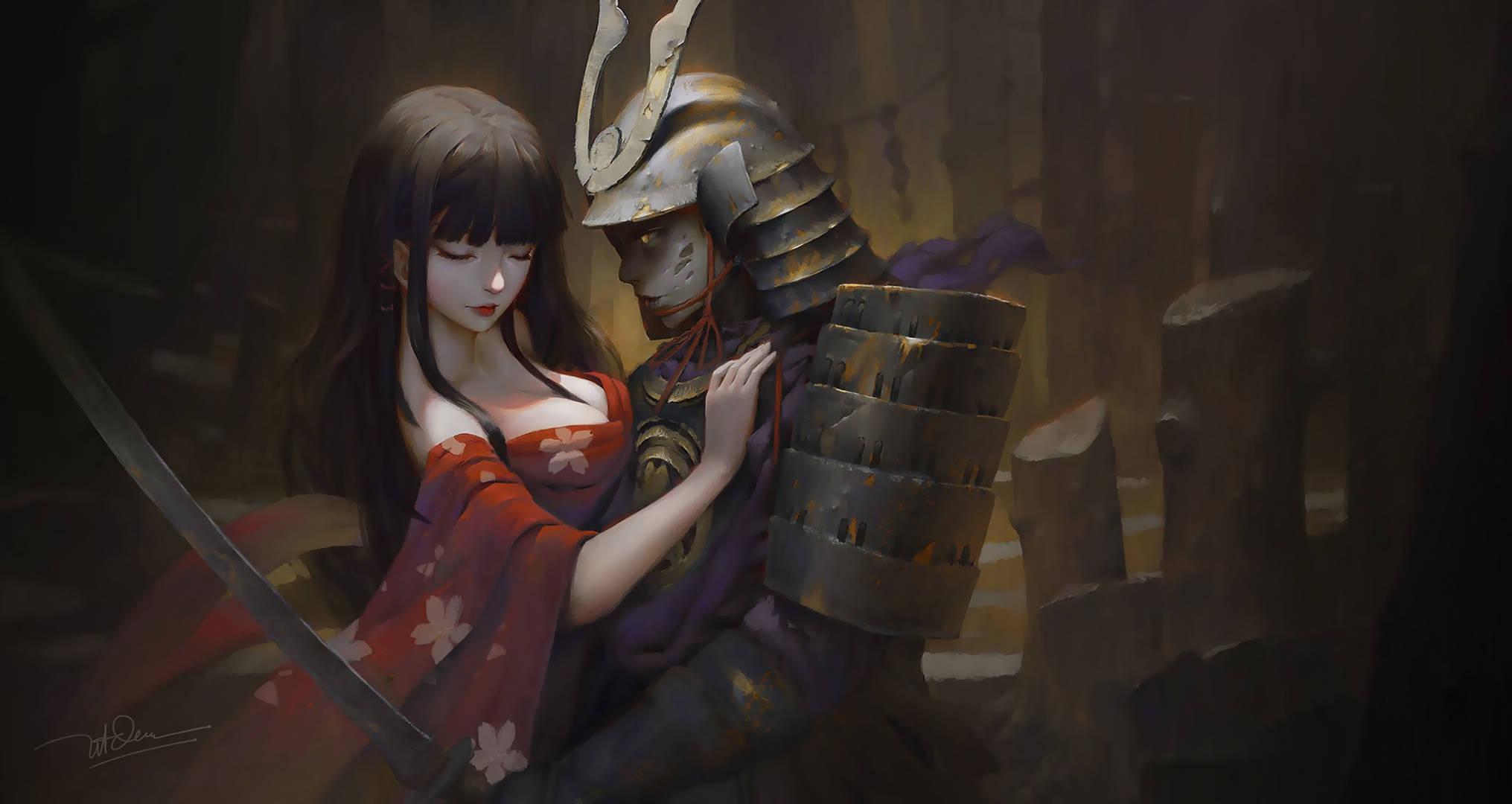 An Animated Samuraiwoman Protected by Flames — 2031x1080 wallpaper