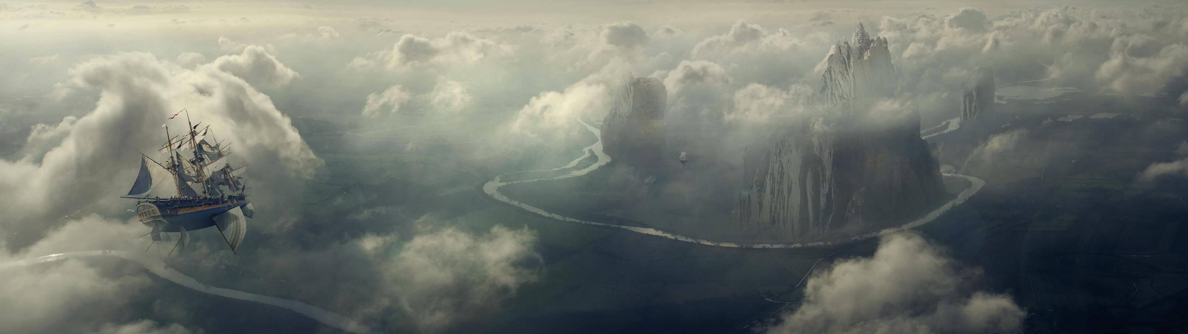 An epic view of a ship floating amidst clouds in the sky — 3840x1080 wallpaper