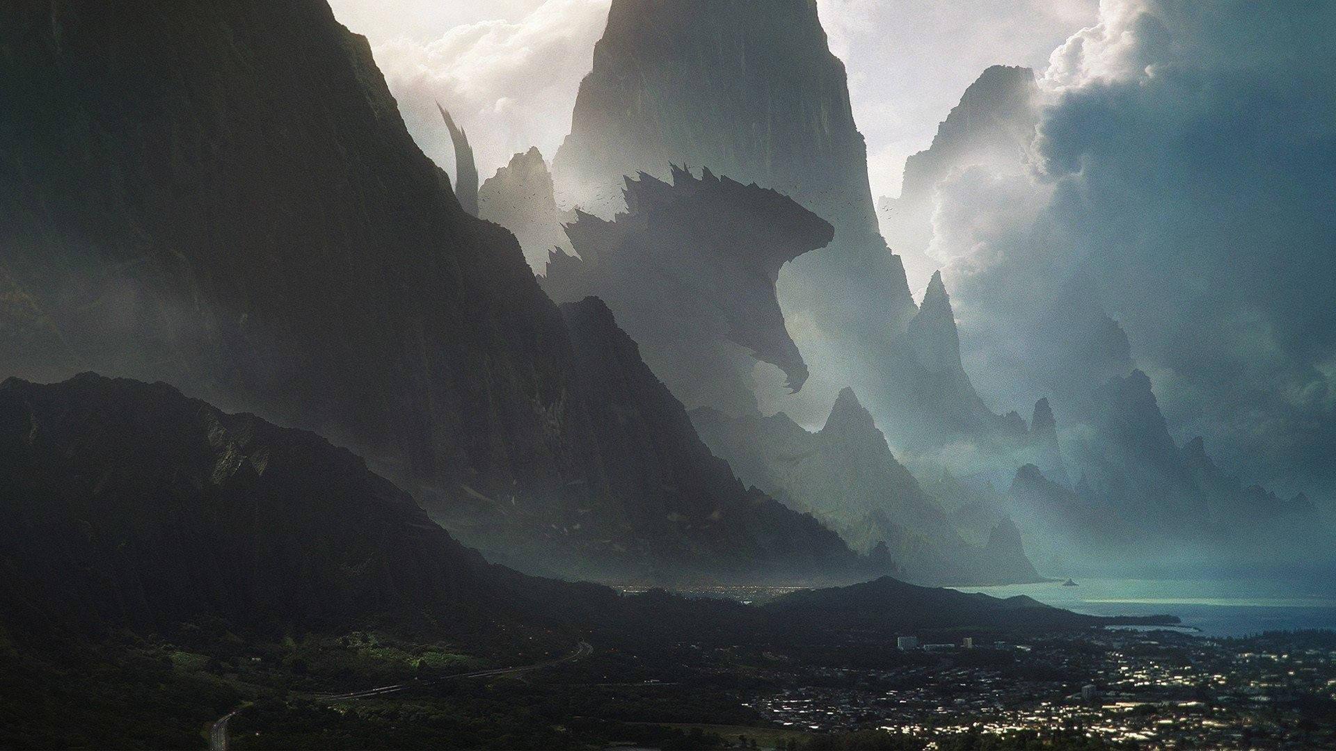 An Expansive View of Hawaii as Godzilla Emerges from the Ocean — 1920x1080 wallpaper