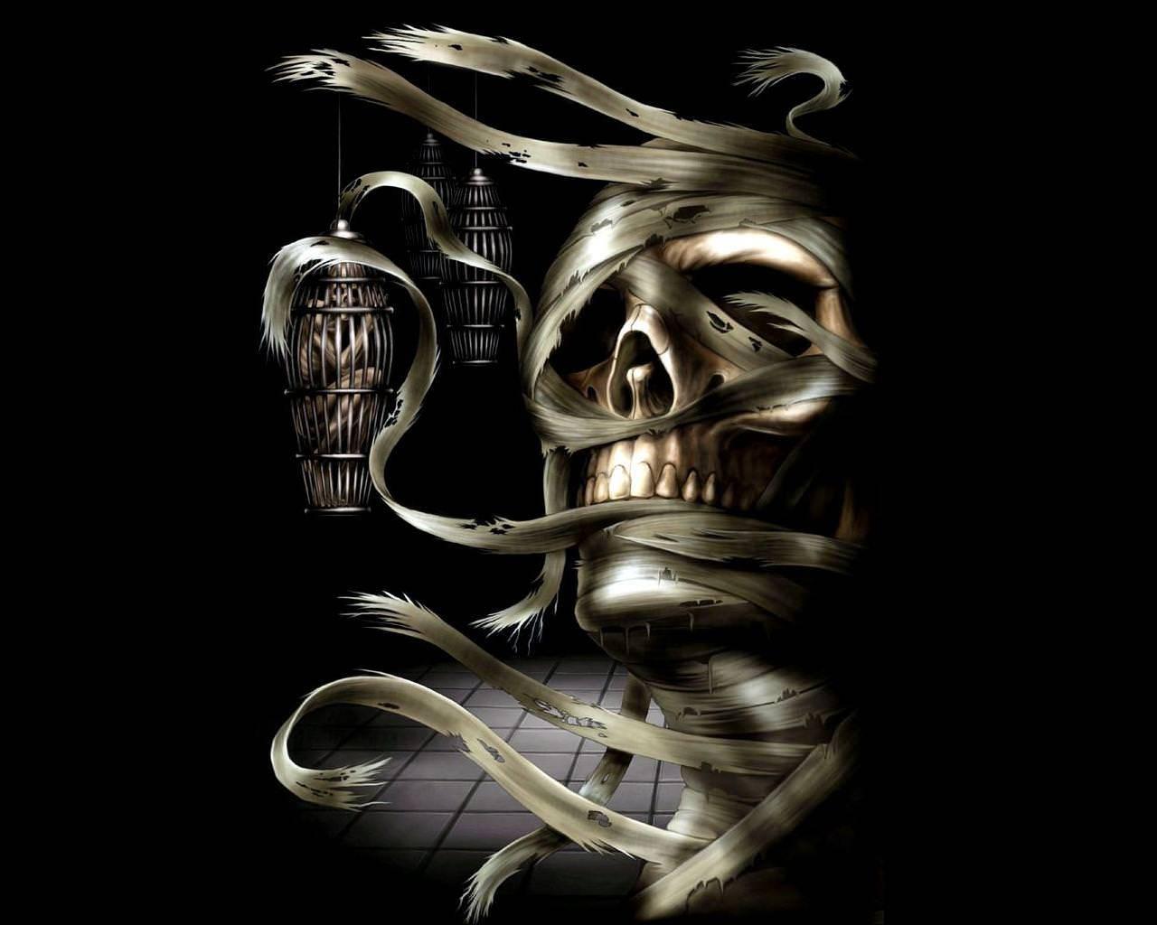An illustration of a Mummy Skull with Flames Blazing — 1280x1024 wallpaper