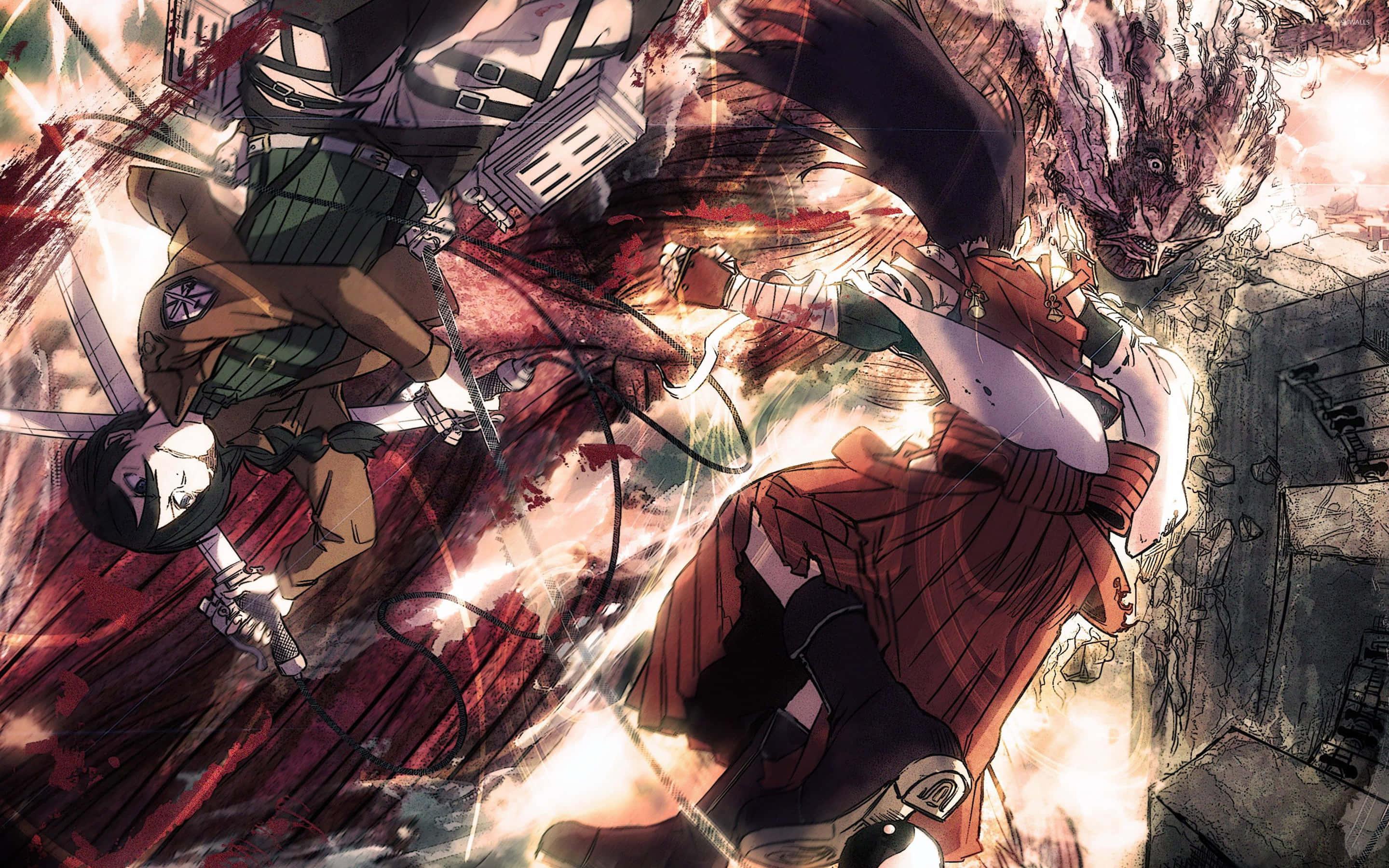 An intense battle scene from Attack on Titan — 2880x1800 wallpaper