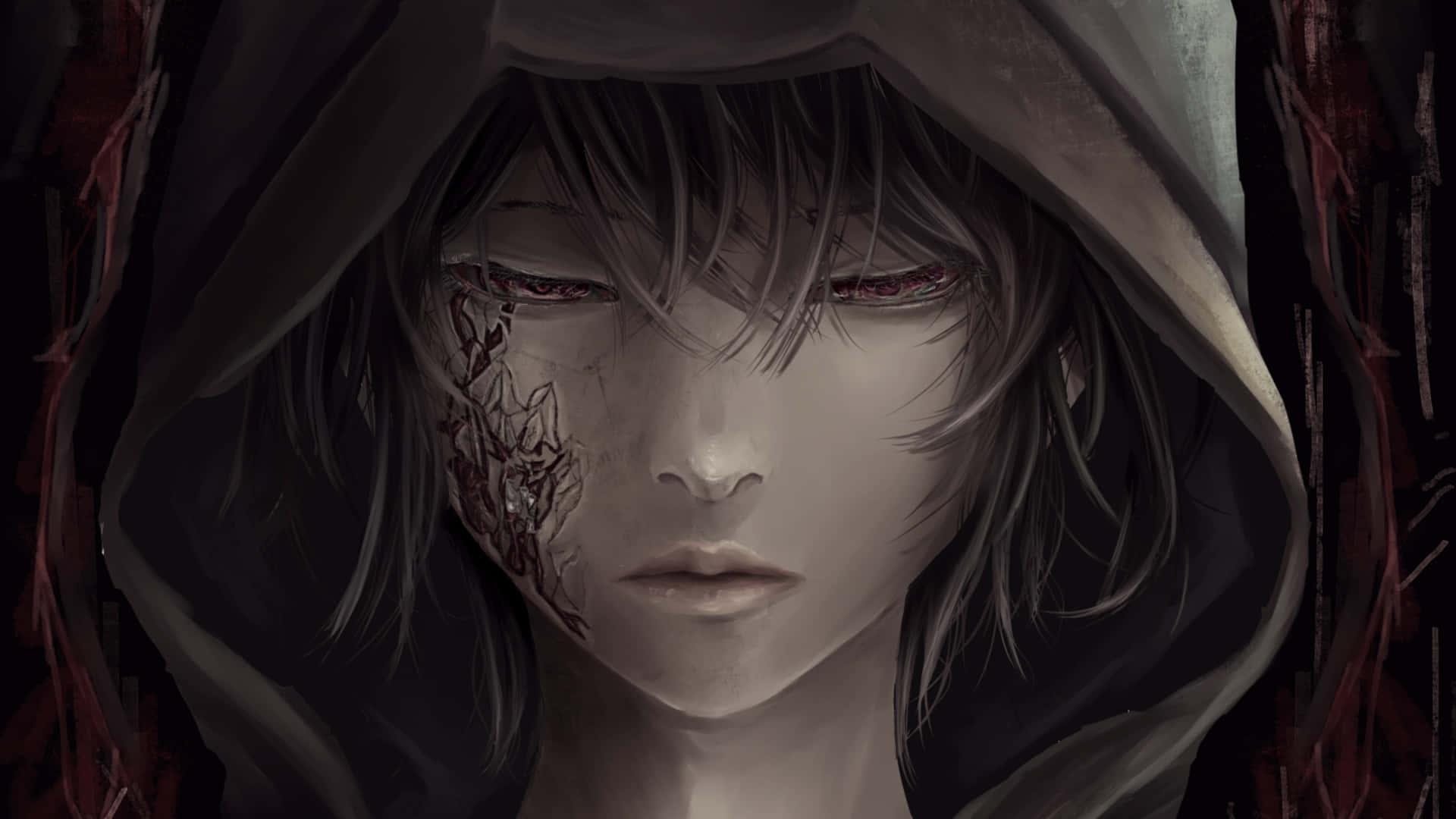 An intense dark anime boy with dark hair and menacing blue eyes.