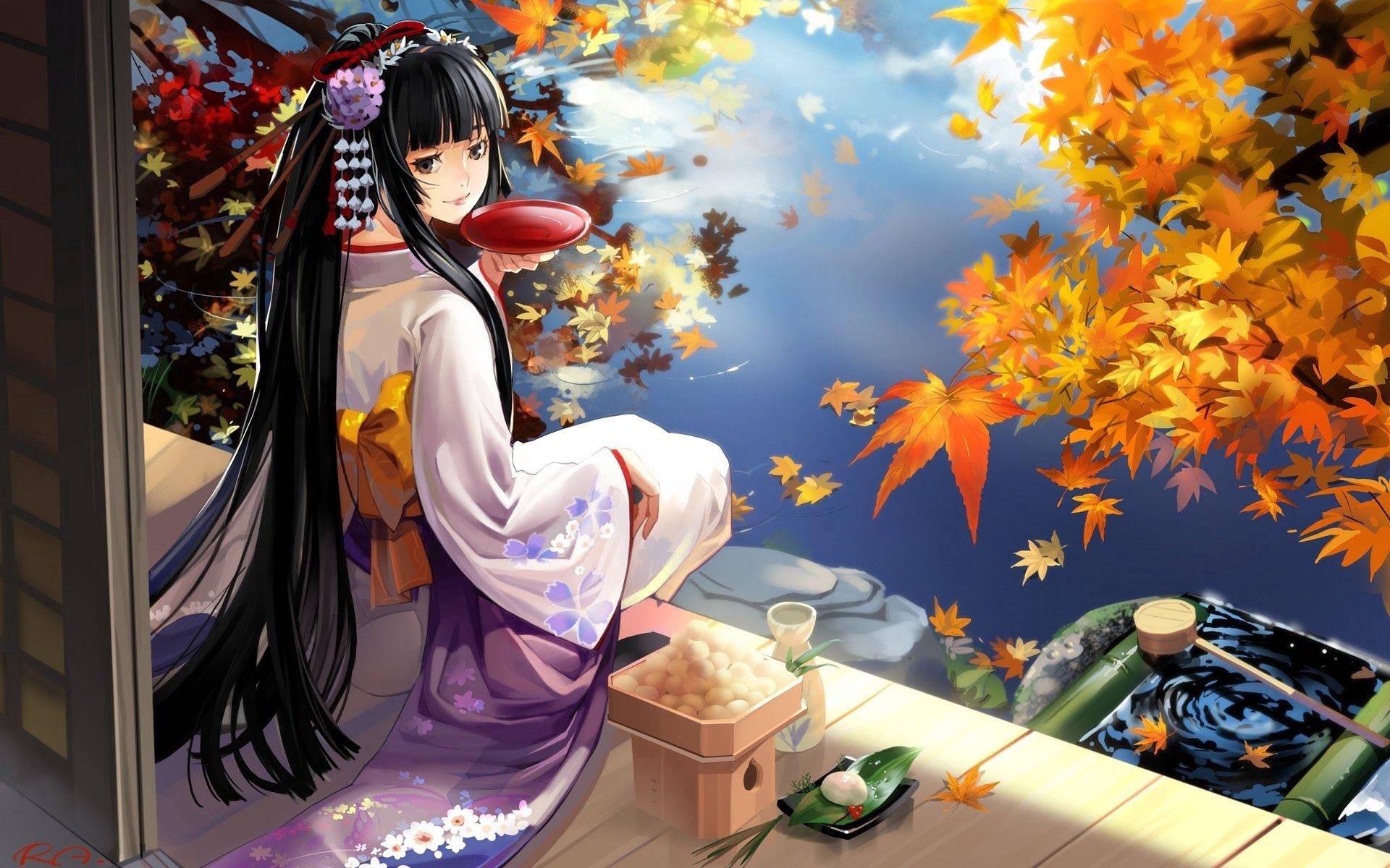 Animated Geisha Drinking — 1920x1200 wallpaper