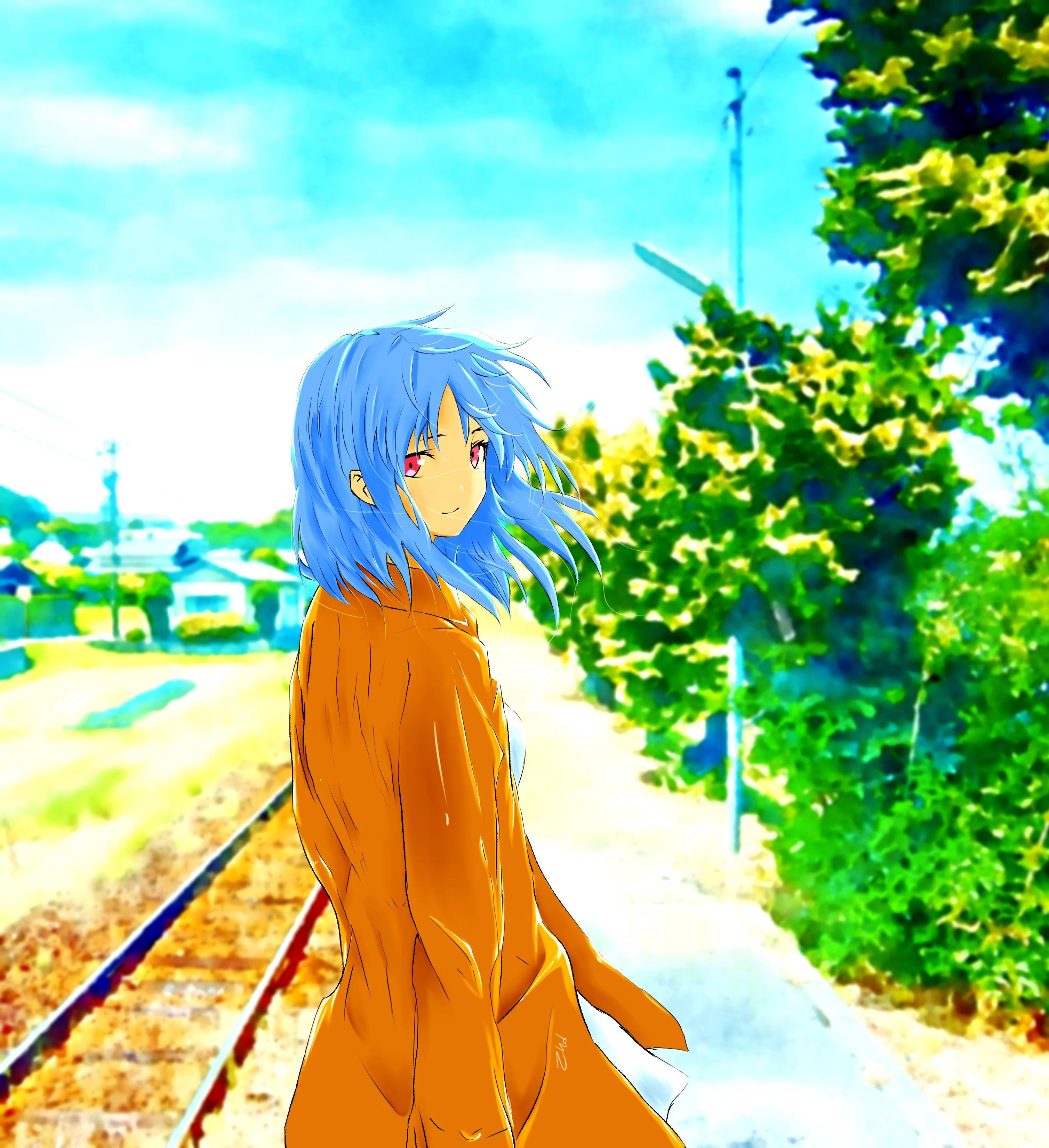 Anime Art Girl Near Railroad — 3016x3300 wallpaper