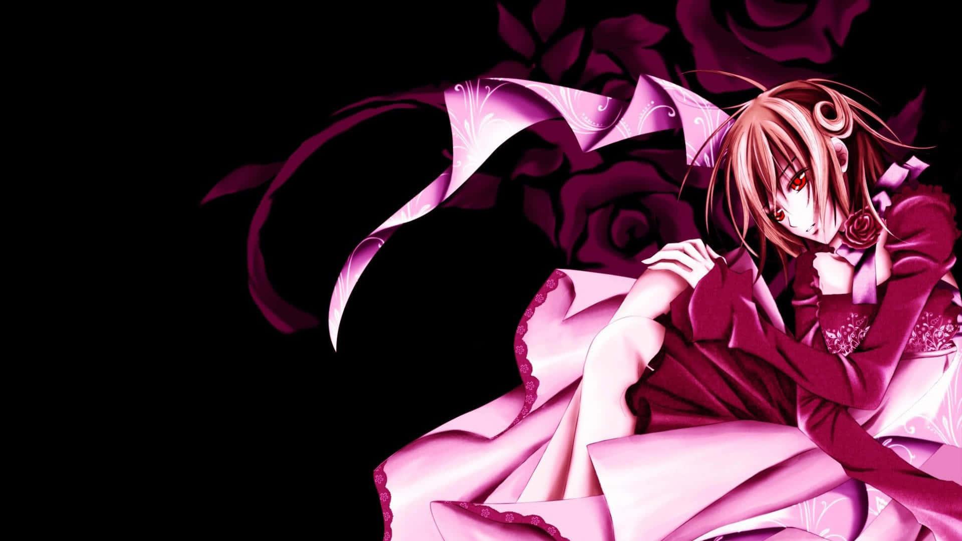 anime girl in pink dress sitting on a black background — 1920x1080 wallpaper