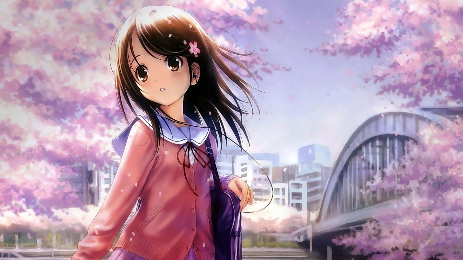 anime girl in pink dress walking through cherry blossoms — 1920x1080 wallpaper