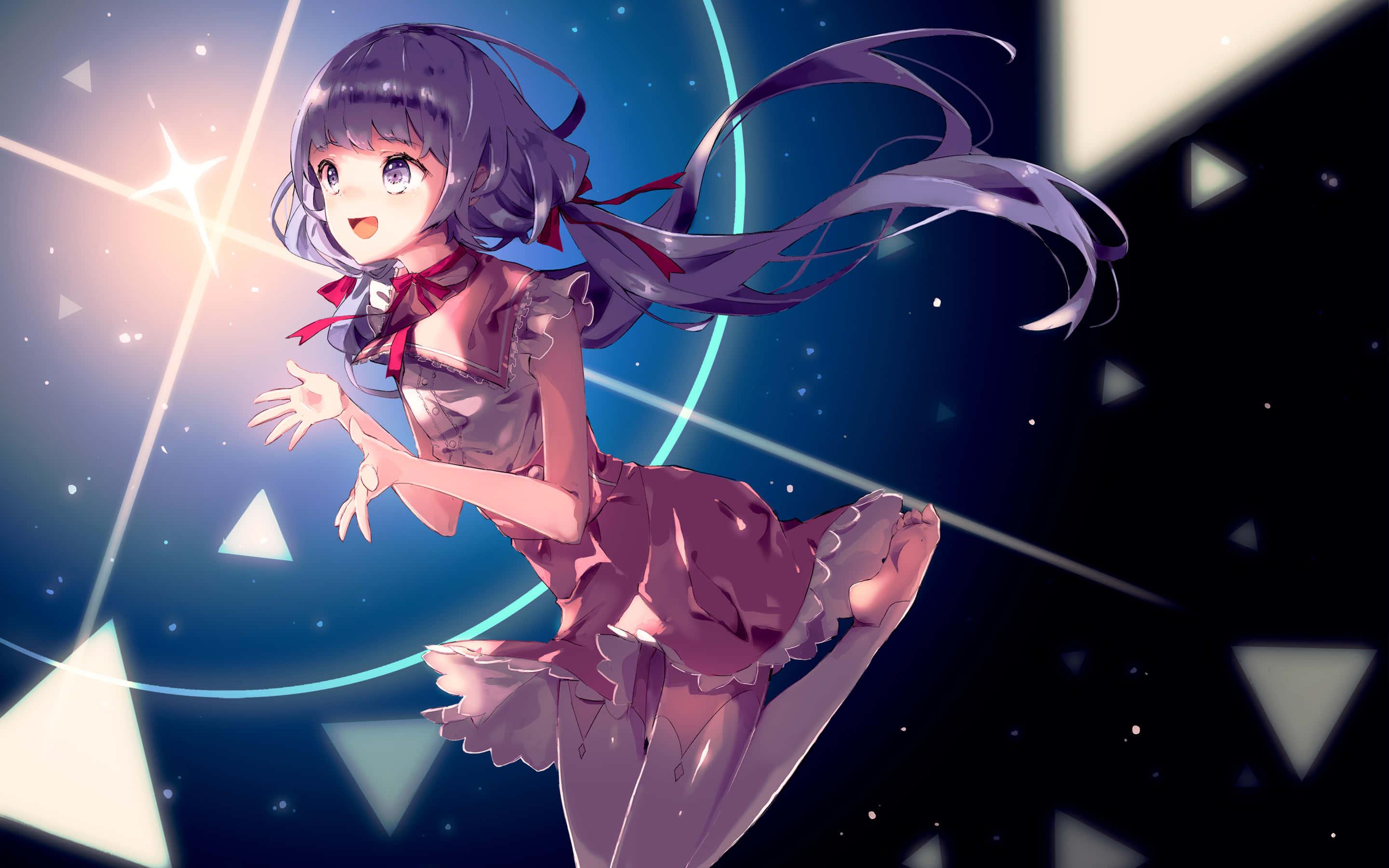 Anime Girl in Red Dress takes a break from the city — 2880x1800 wallpaper