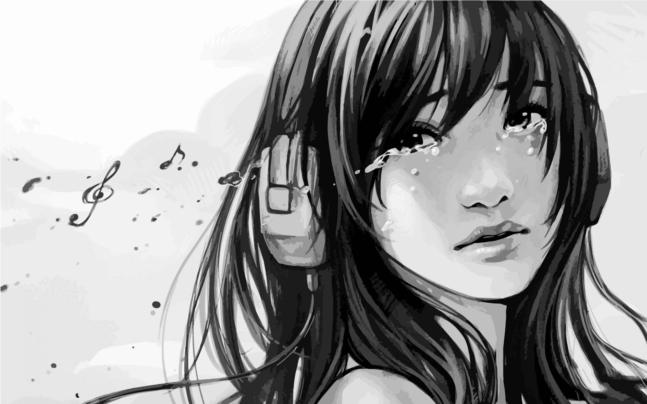 Anime Girl Sad Alone Black And White Headphones — 2560x1600 wallpaper