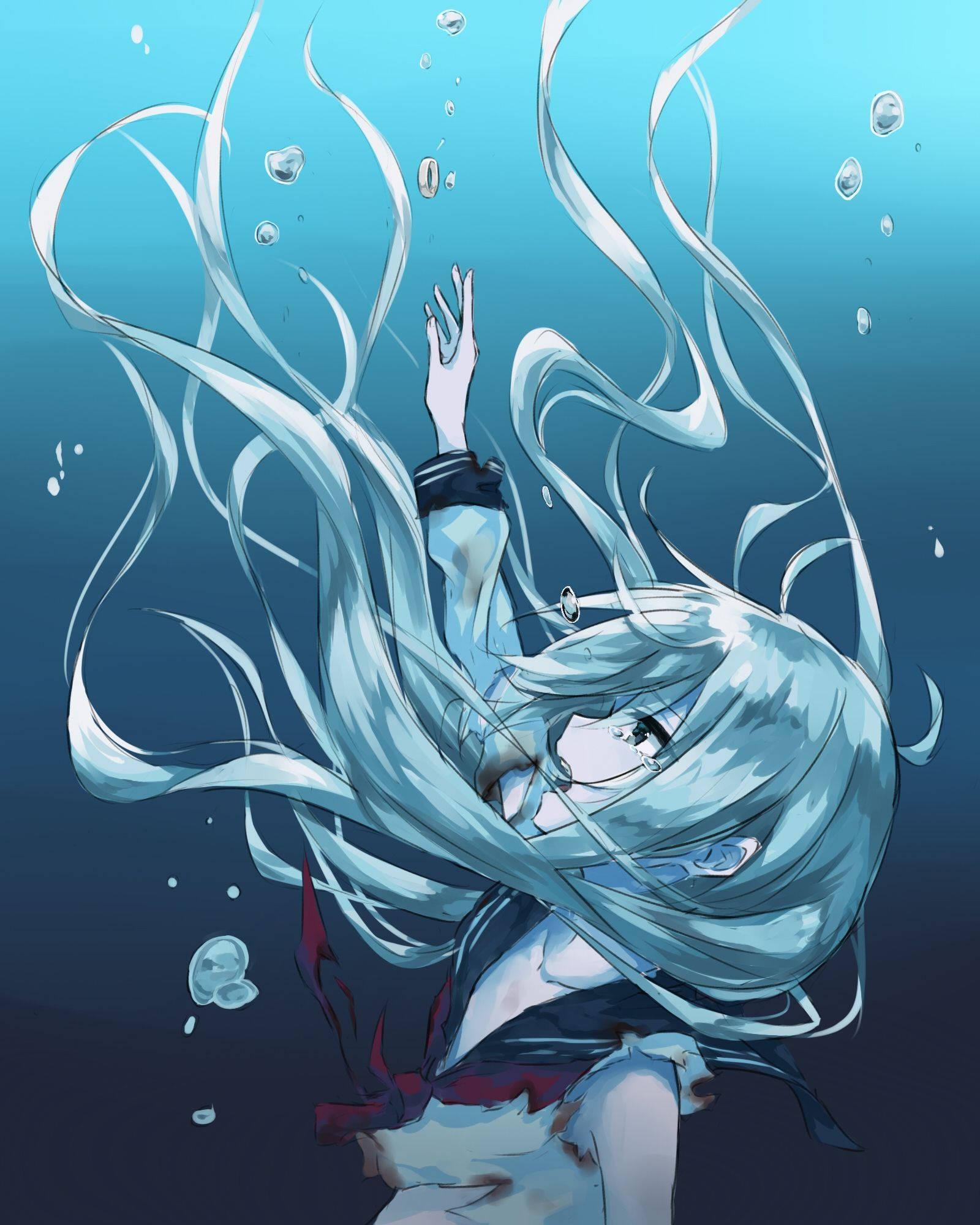 Anime Girl Sad Alone Drowning In Water — 1600x2000 wallpaper