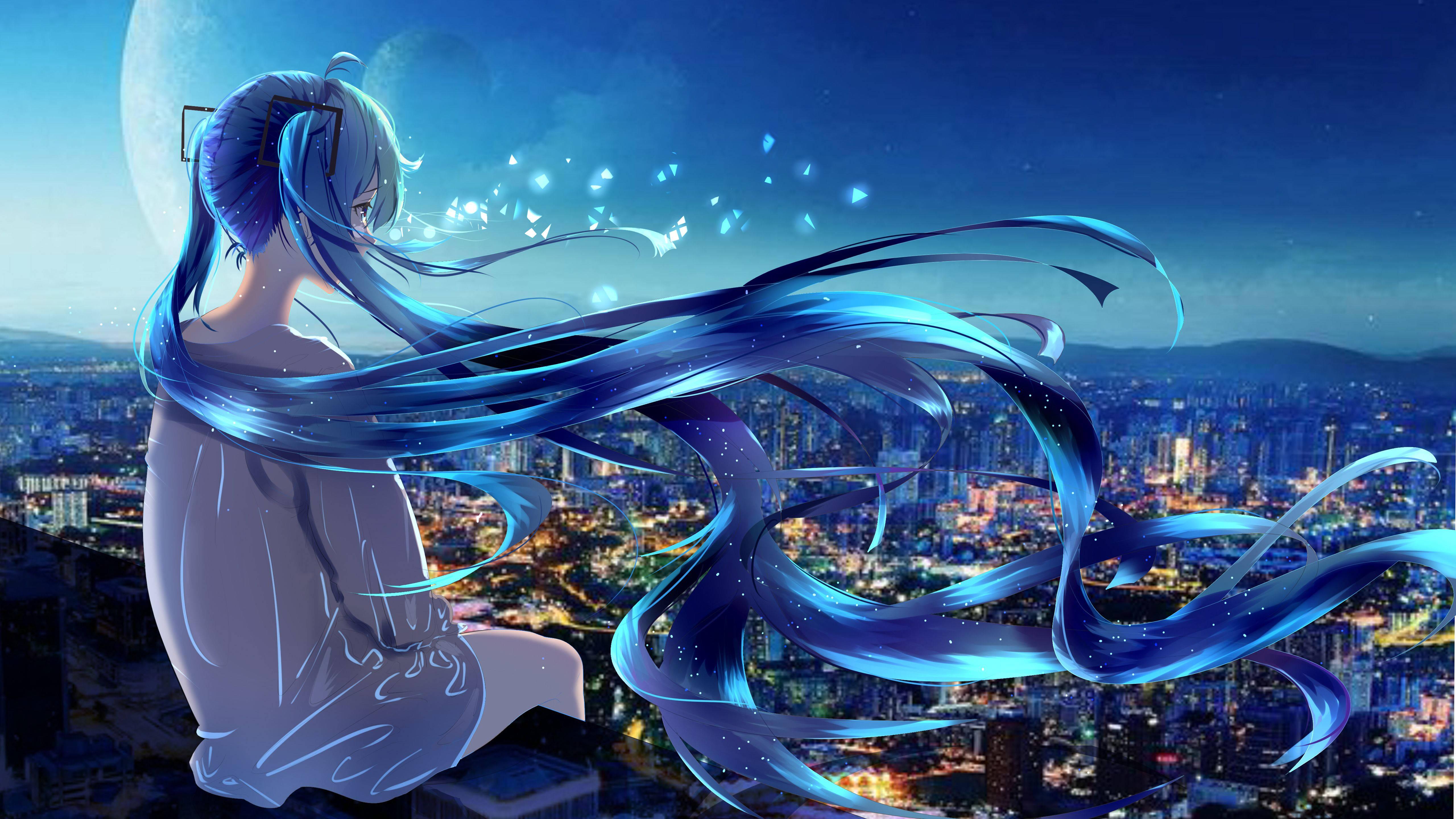 Anime Girl Sad Alone Hatsune Miku City View — 5120x2880 wallpaper
