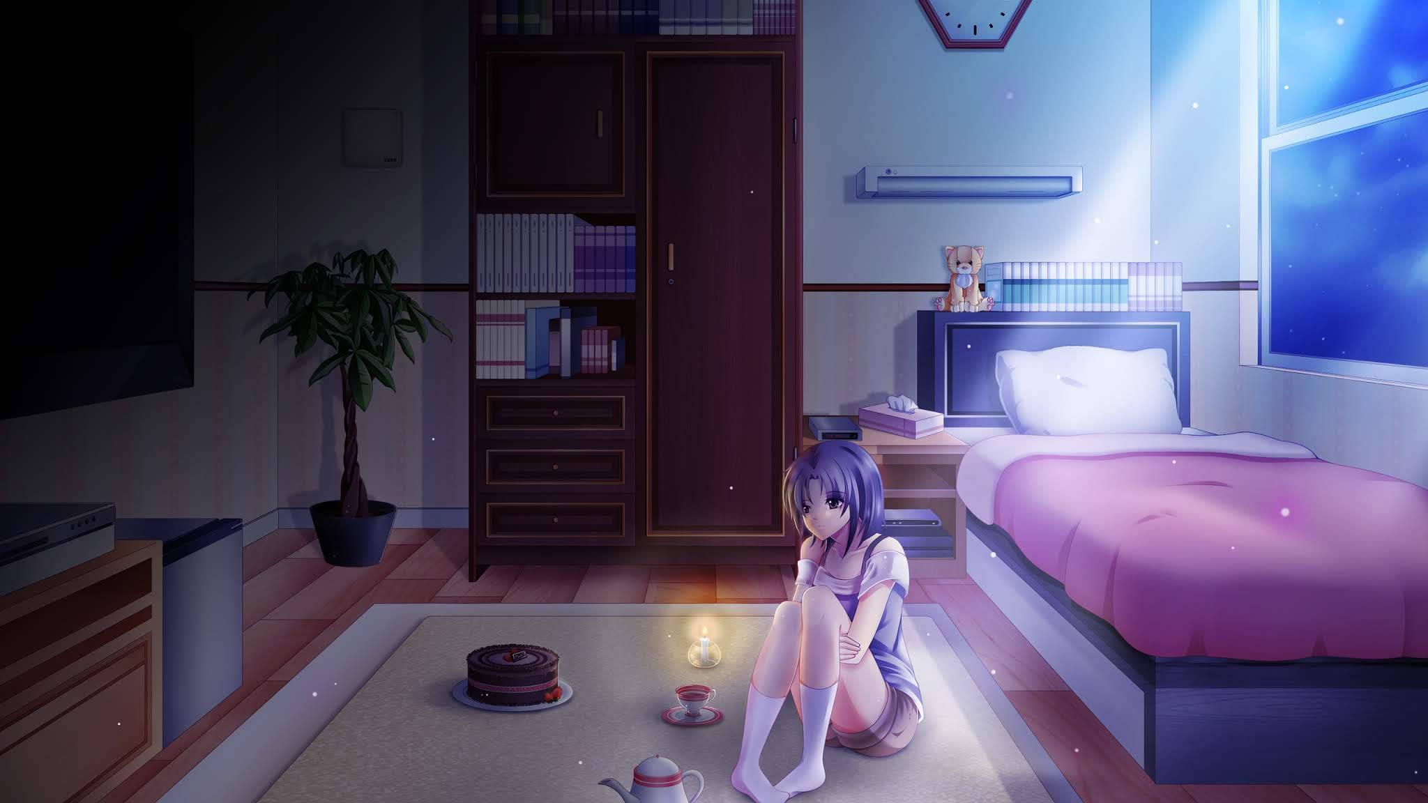Anime Girl Sad Alone In Her Room — 2048x1152 wallpaper