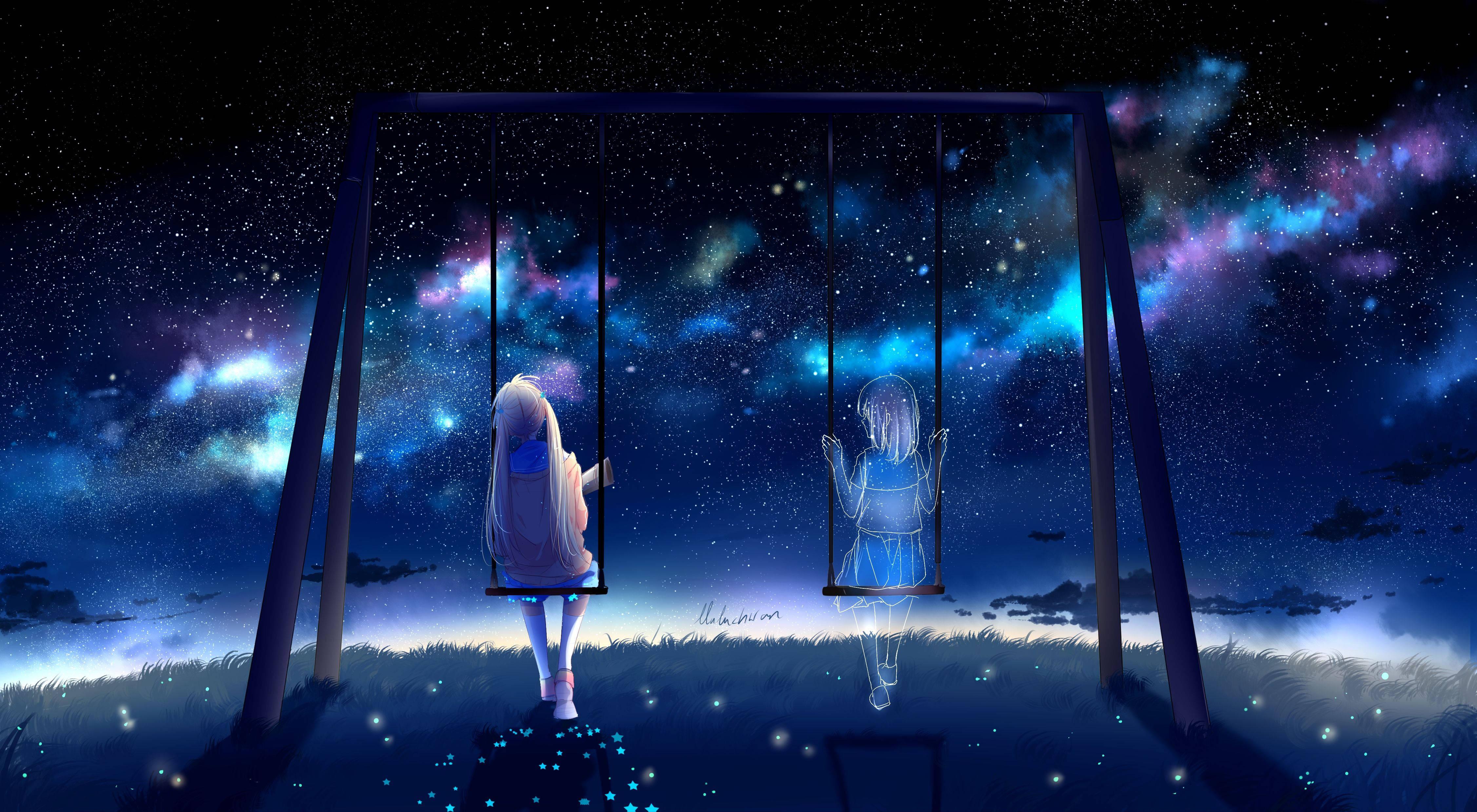 Anime Girl Sad Alone In Swing With Ghost — 4507x2480 wallpaper
